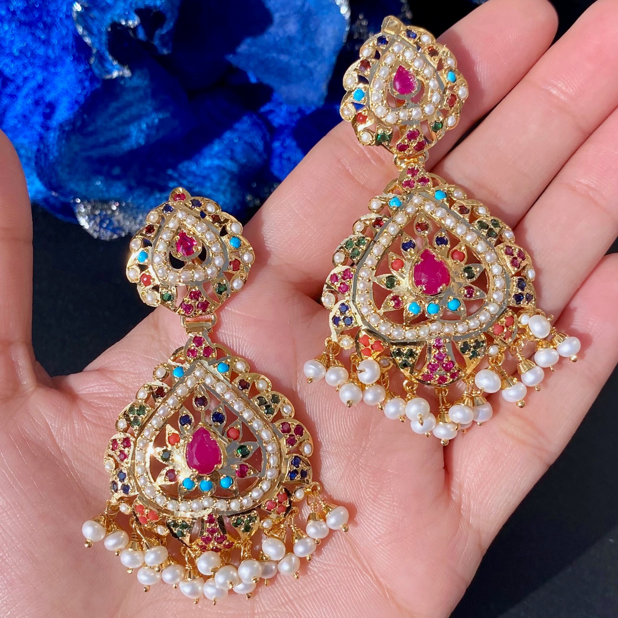 Jadau Navratan Set | Gold Plated on Pure Silver | Necklace with Large Earrings NS 375