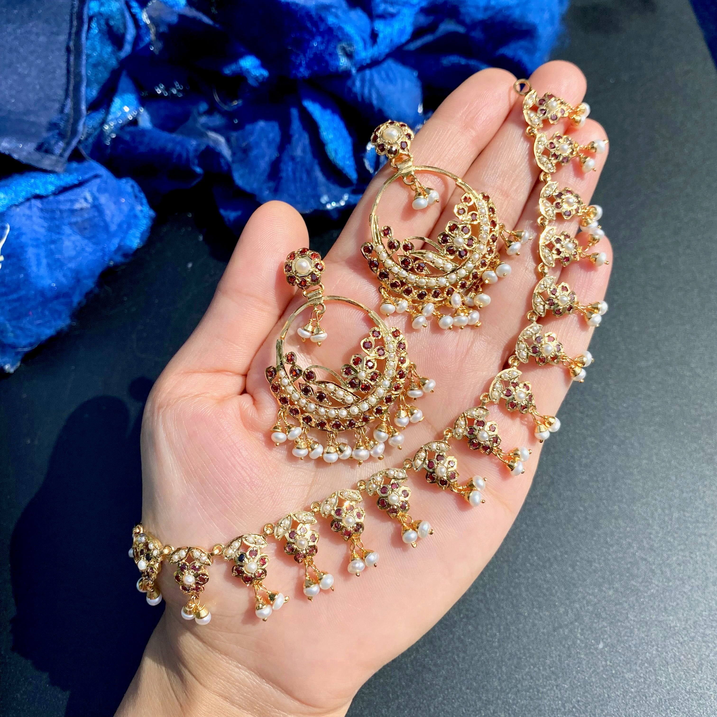 Garnet Pearl Chandbali Necklace Set | Gold Plated on Silver NS 478