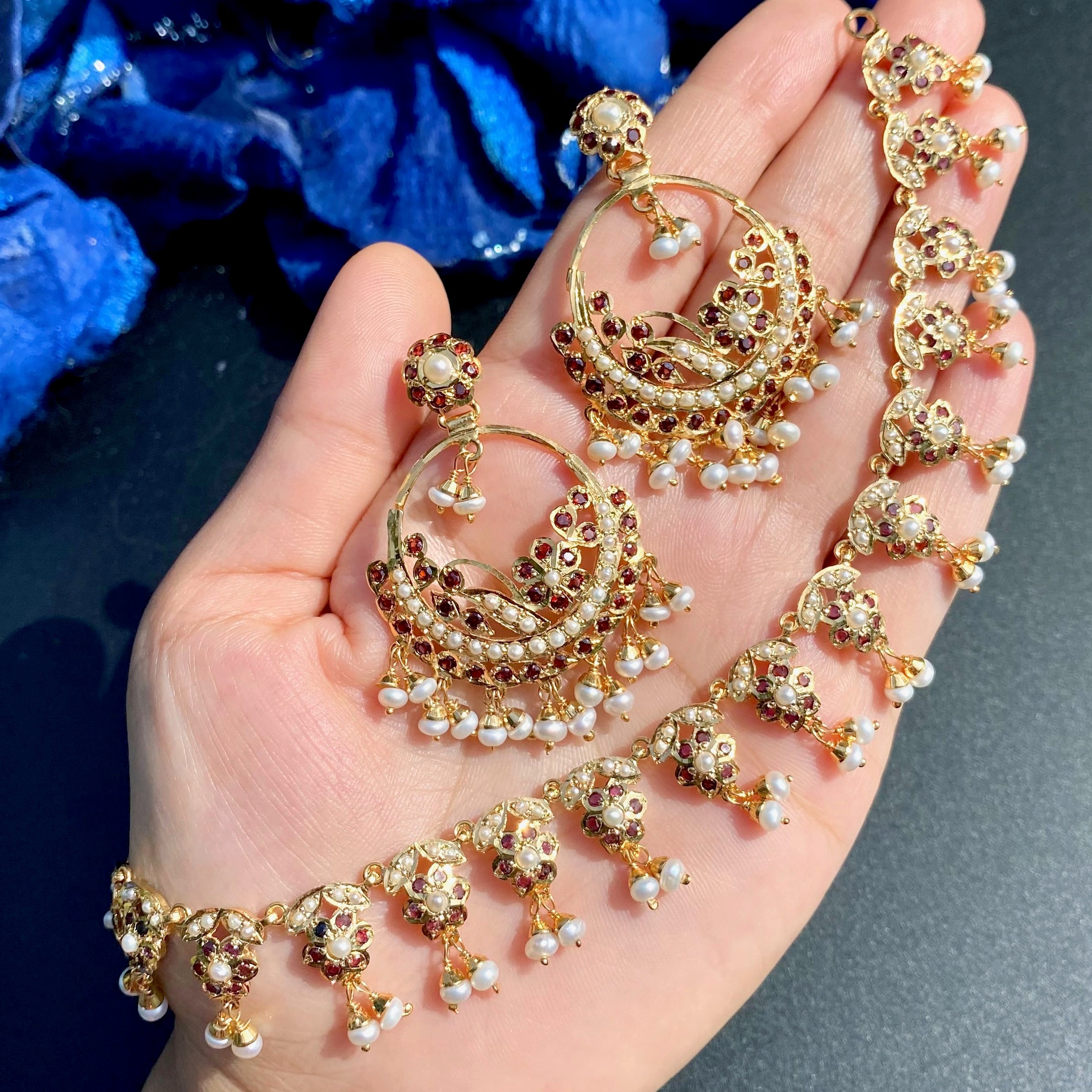 Garnet Pearl Chandbali Necklace Set | Gold Plated on Silver NS 478