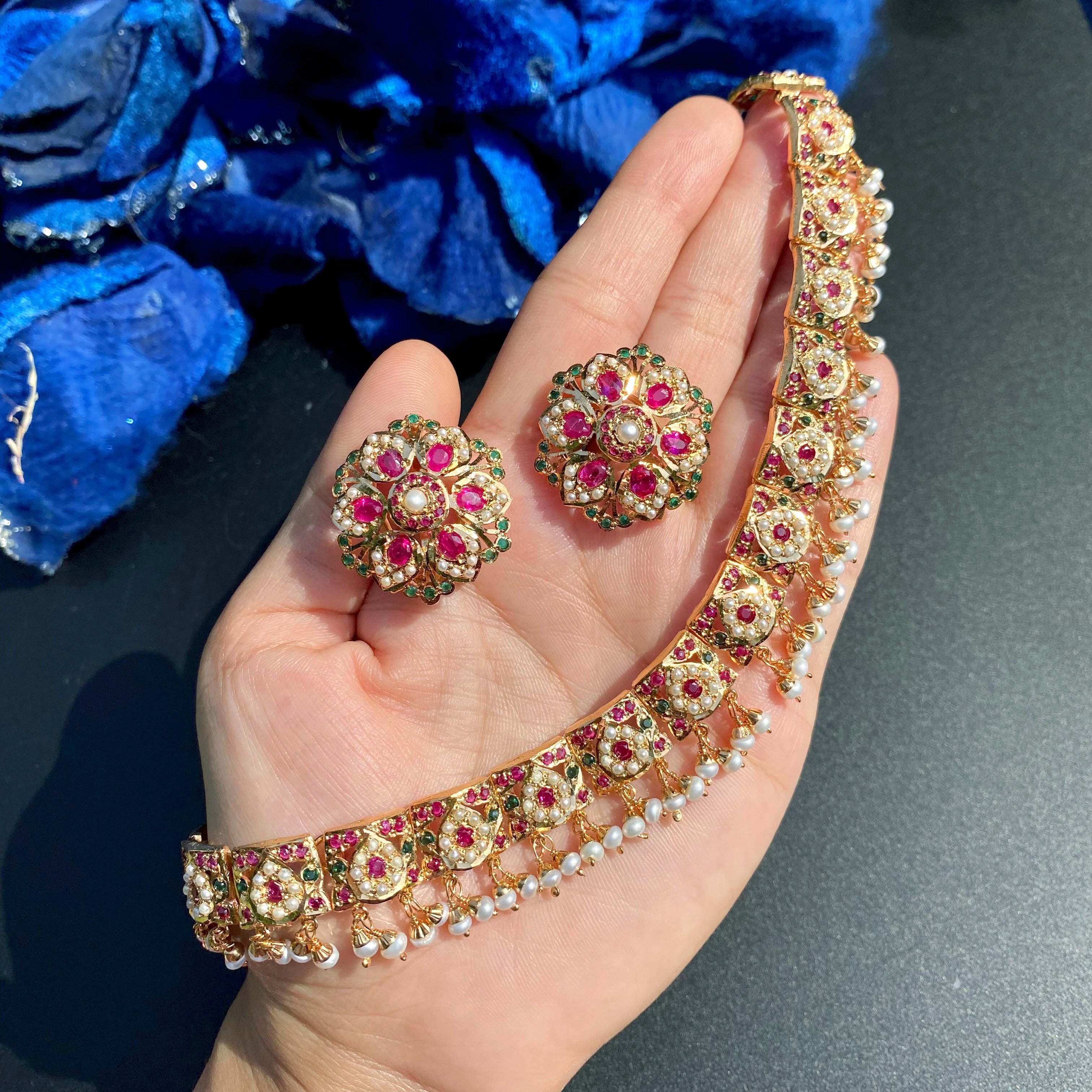 Ruby Pearl Jadau Necklace Set with Floral Stud Earrings | Gold Plated Silver NS 474