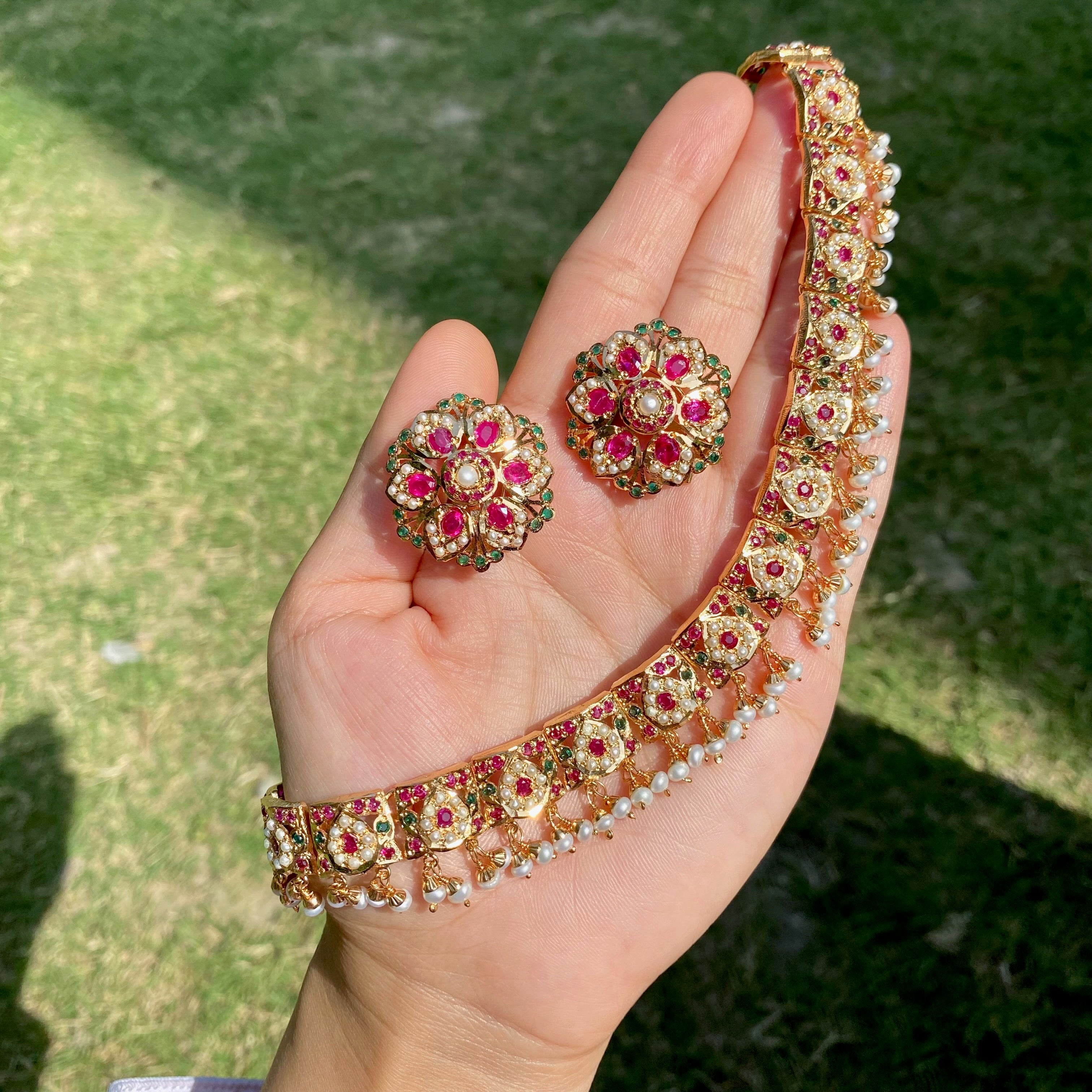 Ruby Pearl Jadau Necklace Set with Floral Stud Earrings | Gold Plated Silver NS 474