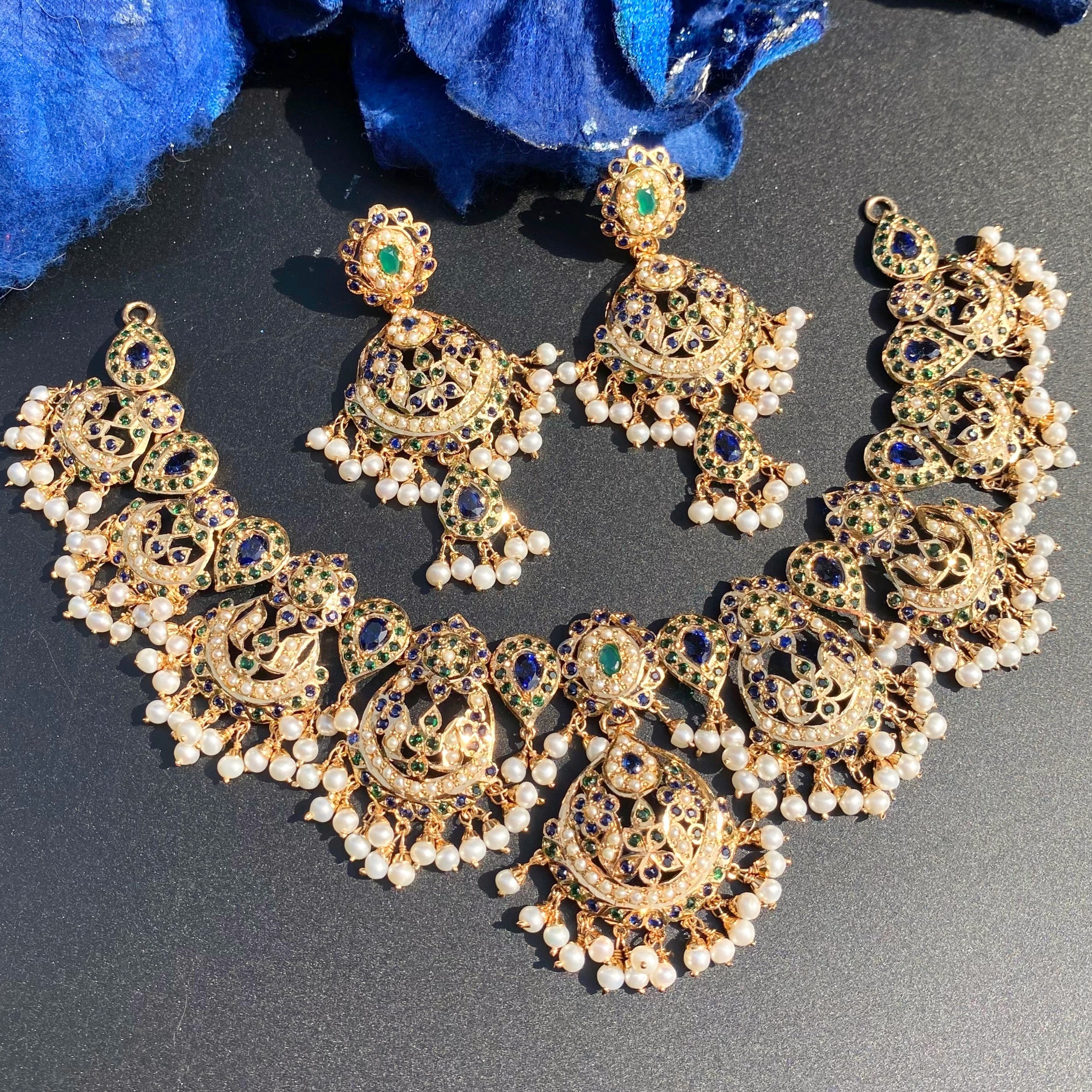 Bridal Wear Jadau Set in Royal Color Combination | Gold Plated on Silver NS 455
