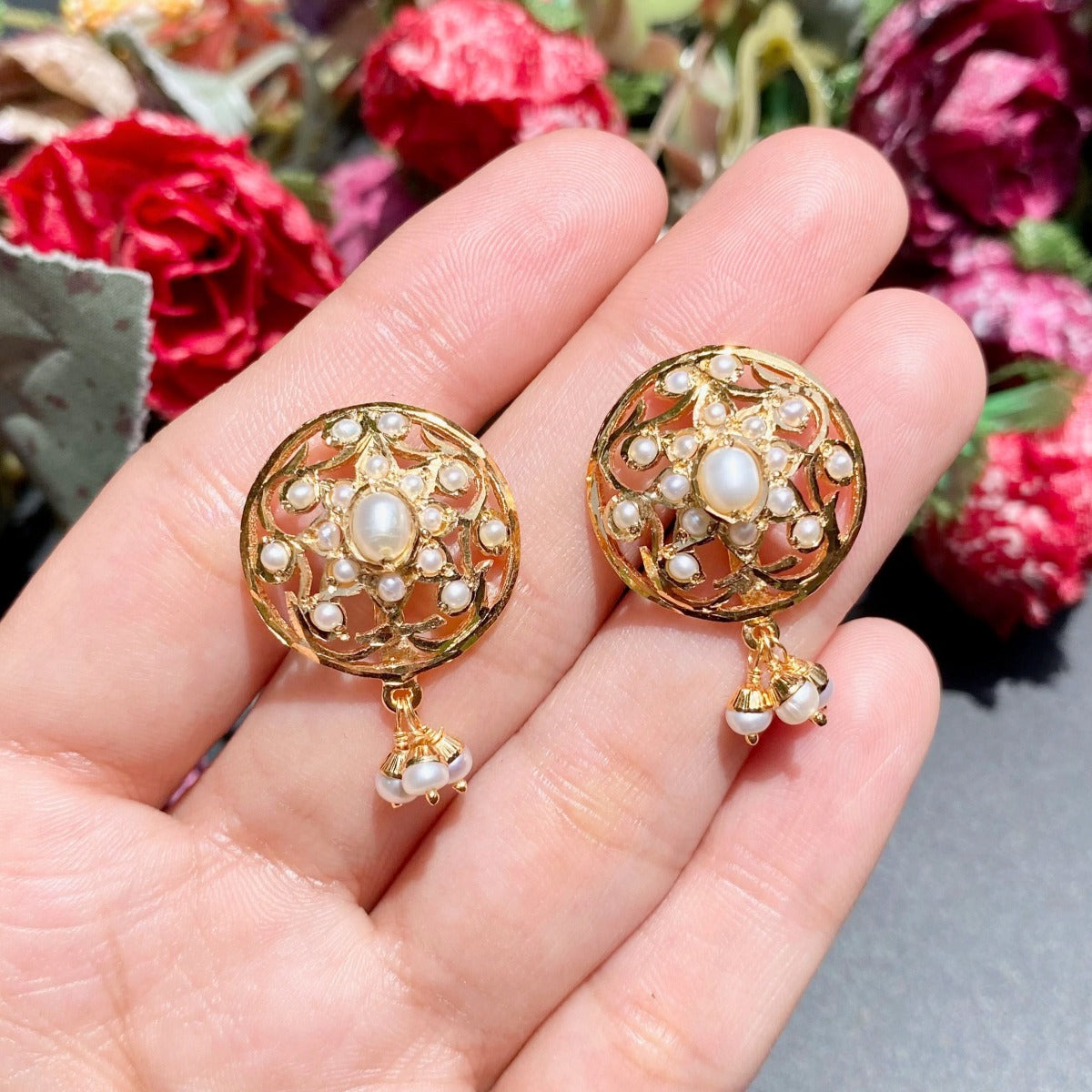 jadau earrings with pearls on gold polished sterling silver