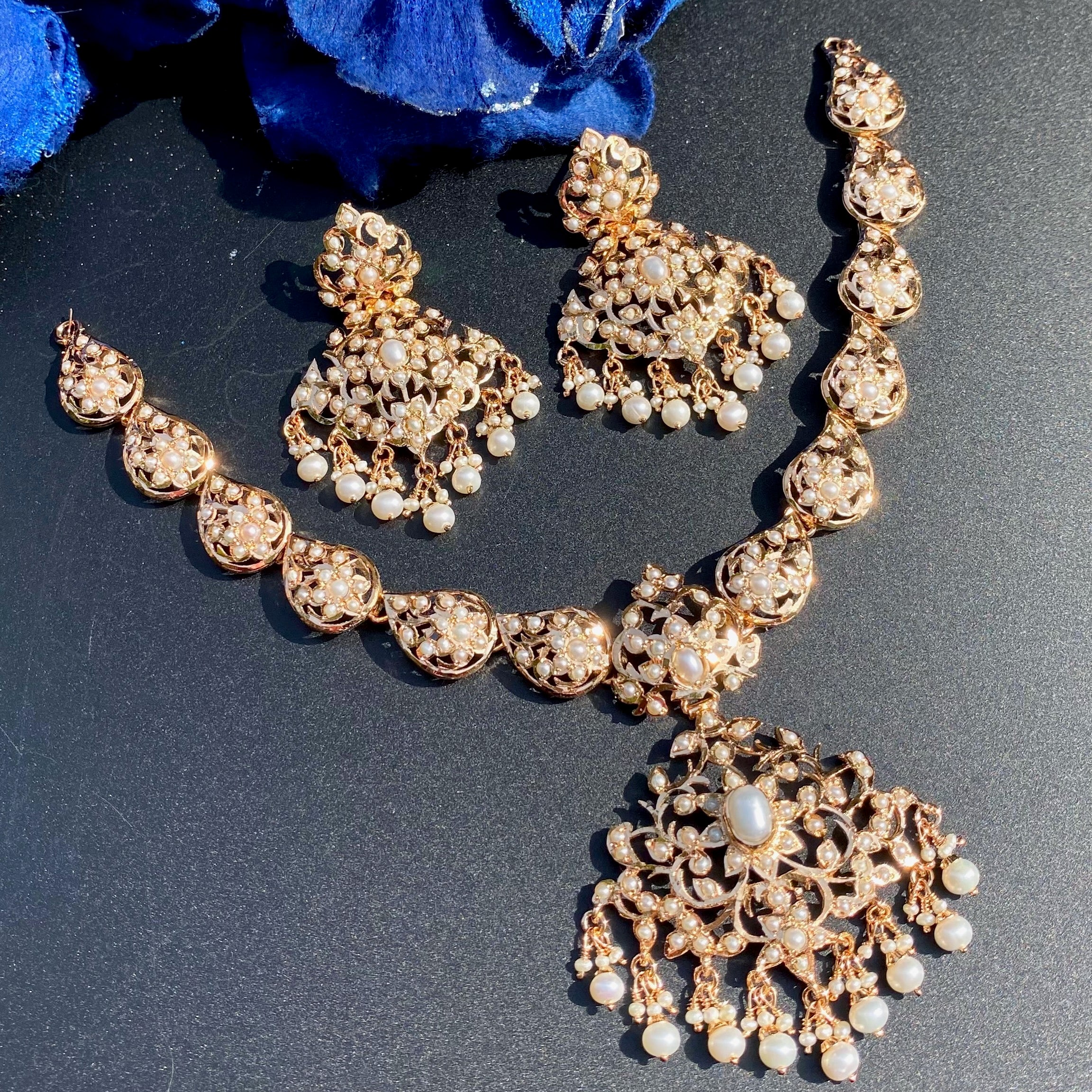 Pearl Jadau Necklace Set with Statement Earrings | Gold Plated on Silver NS 476