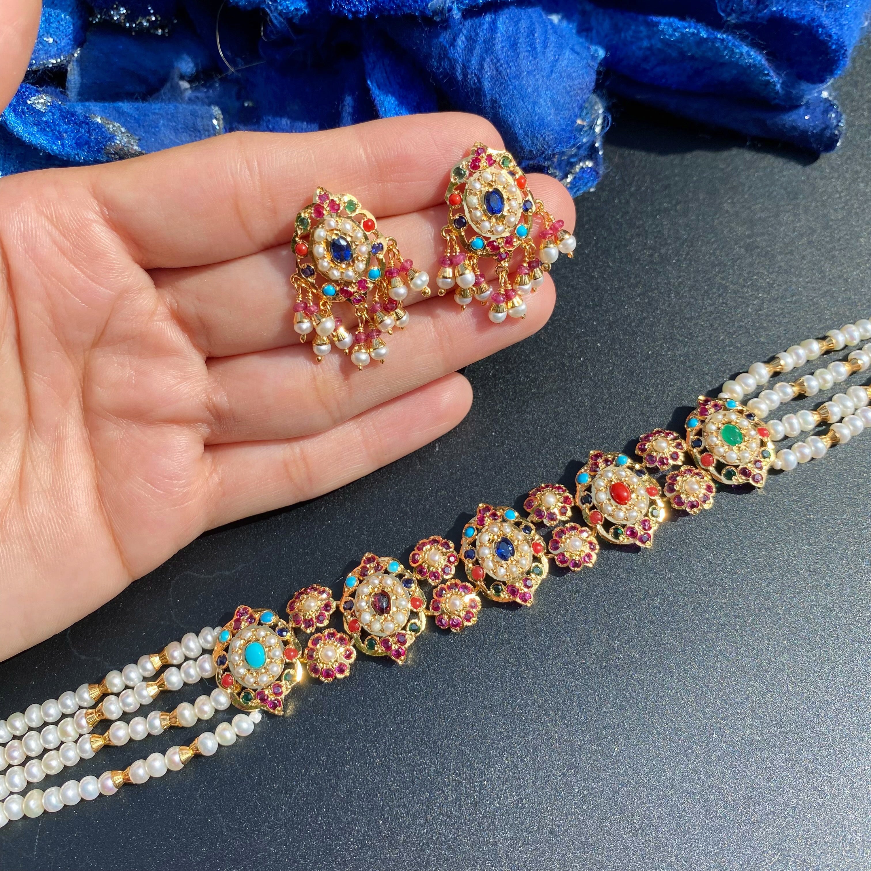 Navratna Pearl String Jadau Choker Set | Gold Plated on 925 Silver NS 473