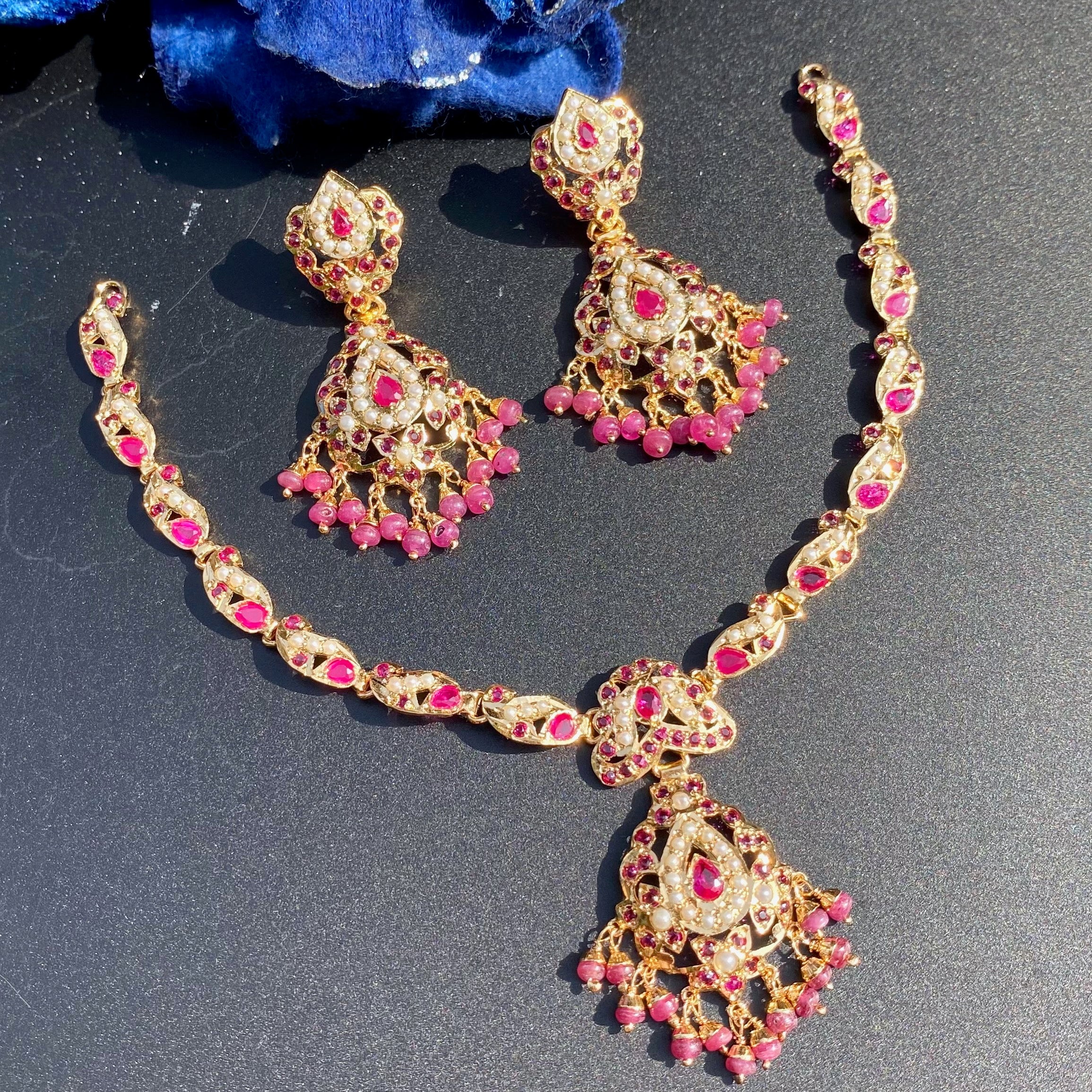 Ruby Pearl Jadau Necklace Set with Matching Earrings | Gold Plated Silver NS 471