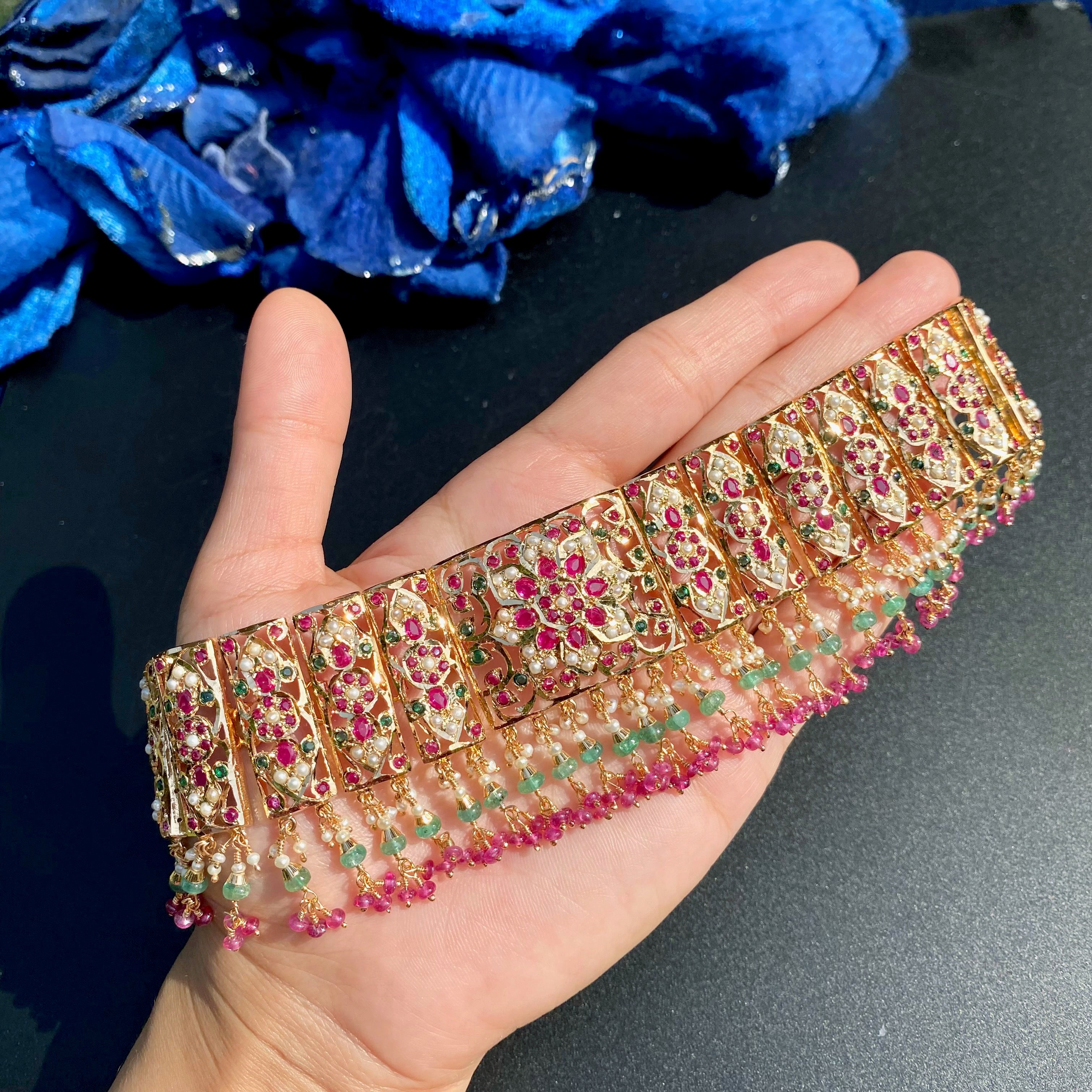 Product Title: Ruby Emerald Pearl Bridal Jadau Choker Set |Gold Plated on Silver NS 479