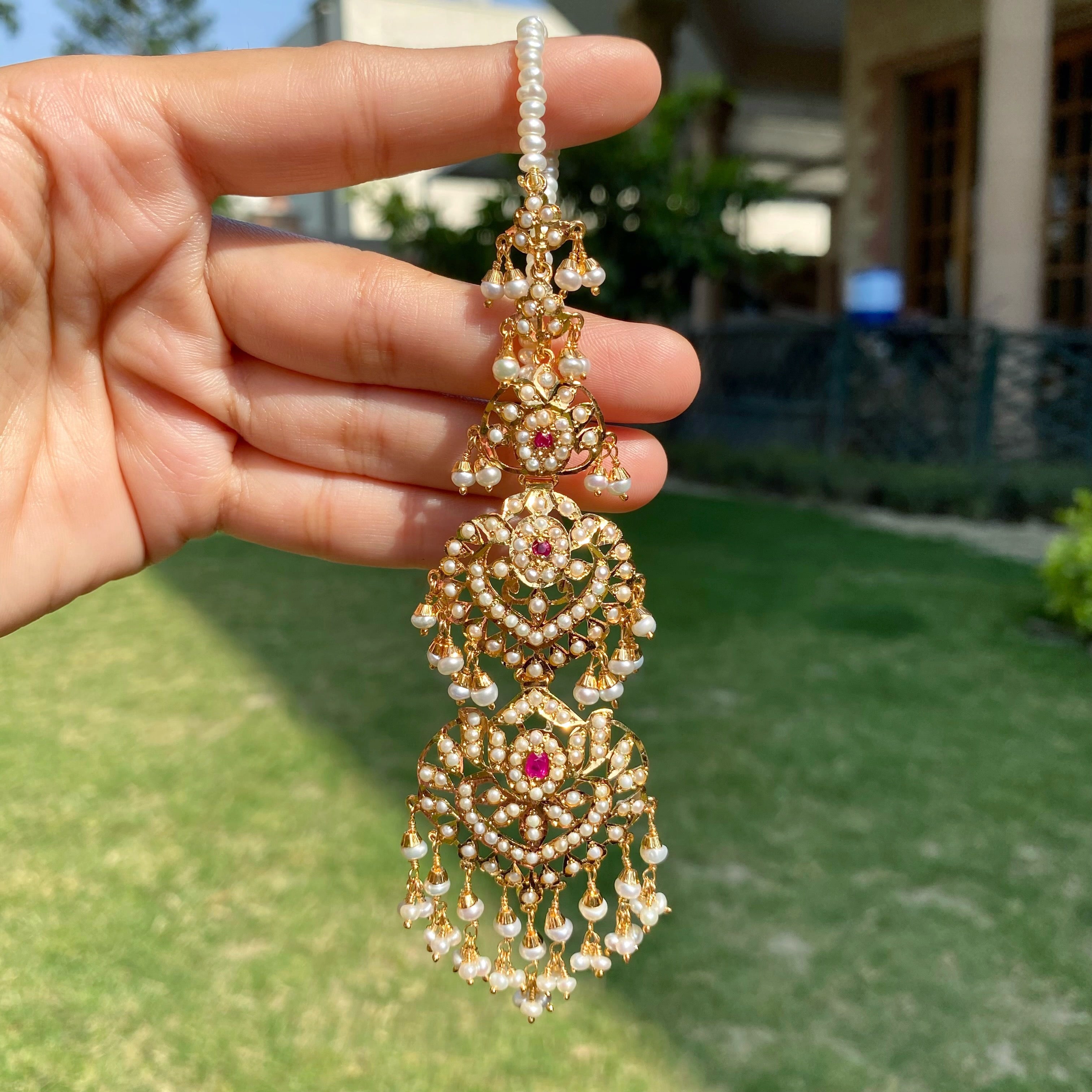 Long Pearl Jadau Earrings with Ear Chain | Gold Plated on Silver ER 719