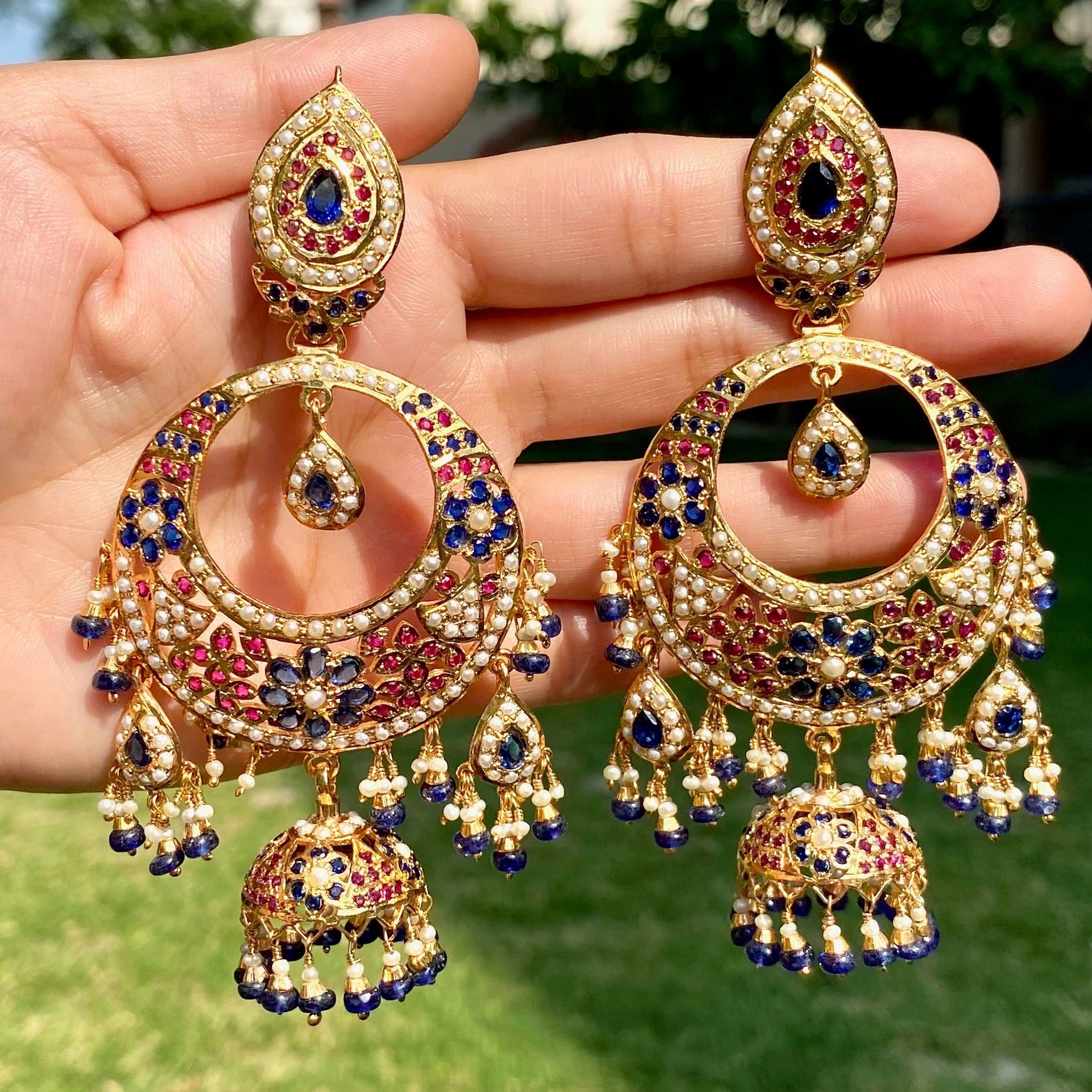 Royal Blue Ruby Chandbali Jhumka Earrings | Gold Plated on Silver ER 720