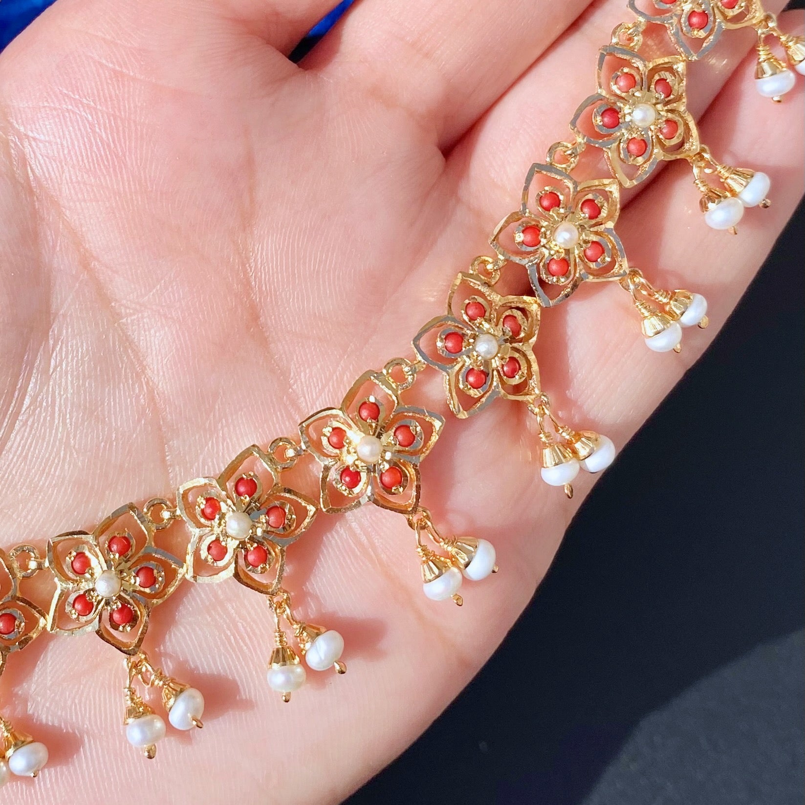 Coral Jewelry Set | Jadau Necklace with Danglers | Gold Plated Silver NS 377