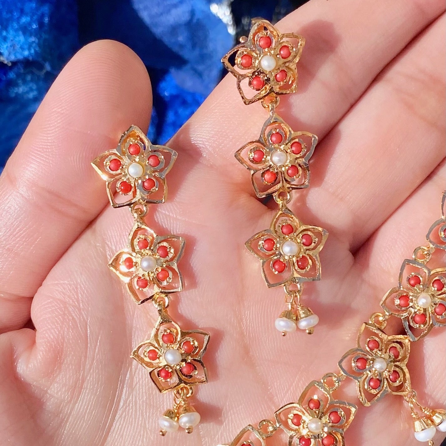 Coral Jewelry Set | Jadau Necklace with Danglers | Gold Plated Silver NS 377