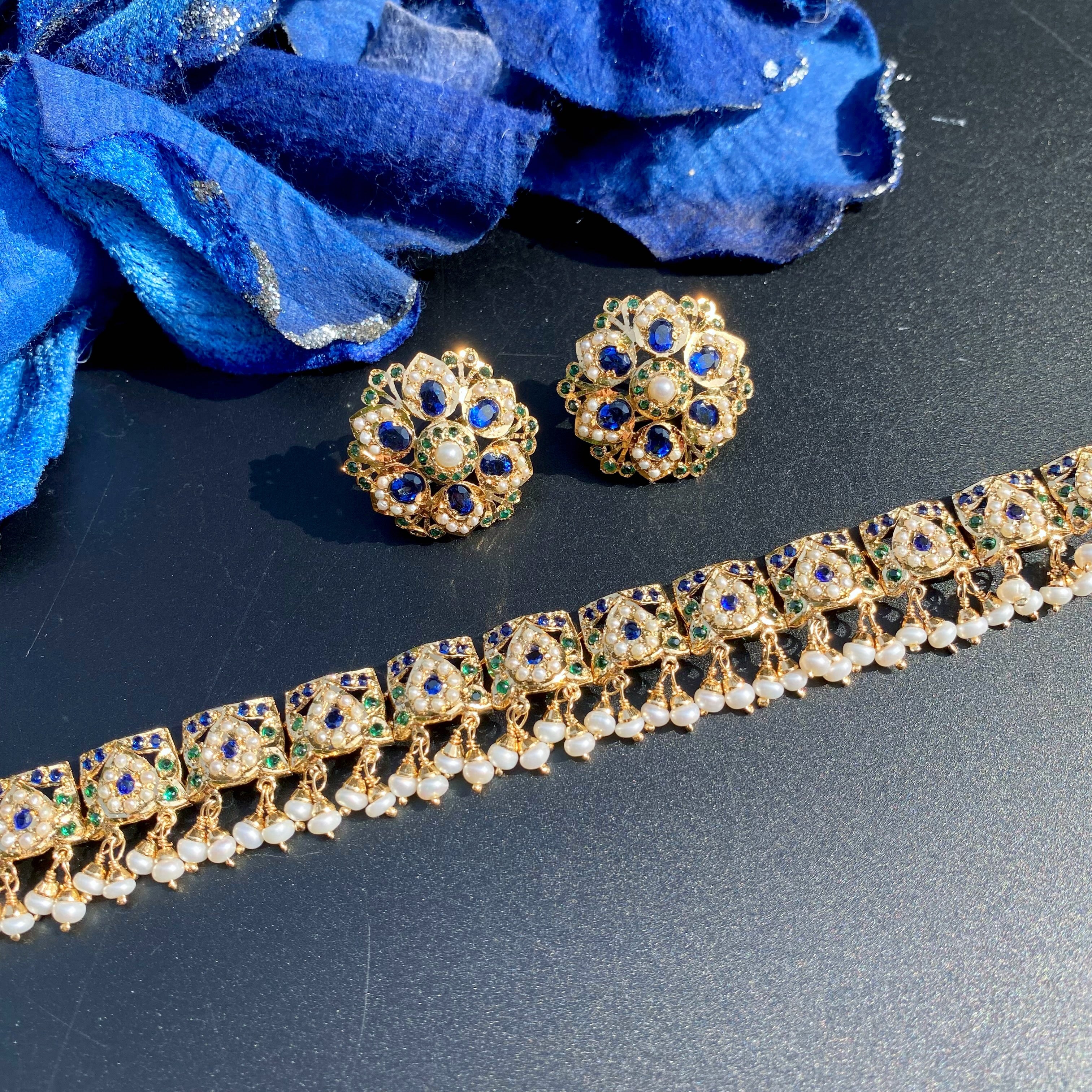Blue Stone Pearl Jadau Choker Set with Floral Stud Earrings | NS 475
