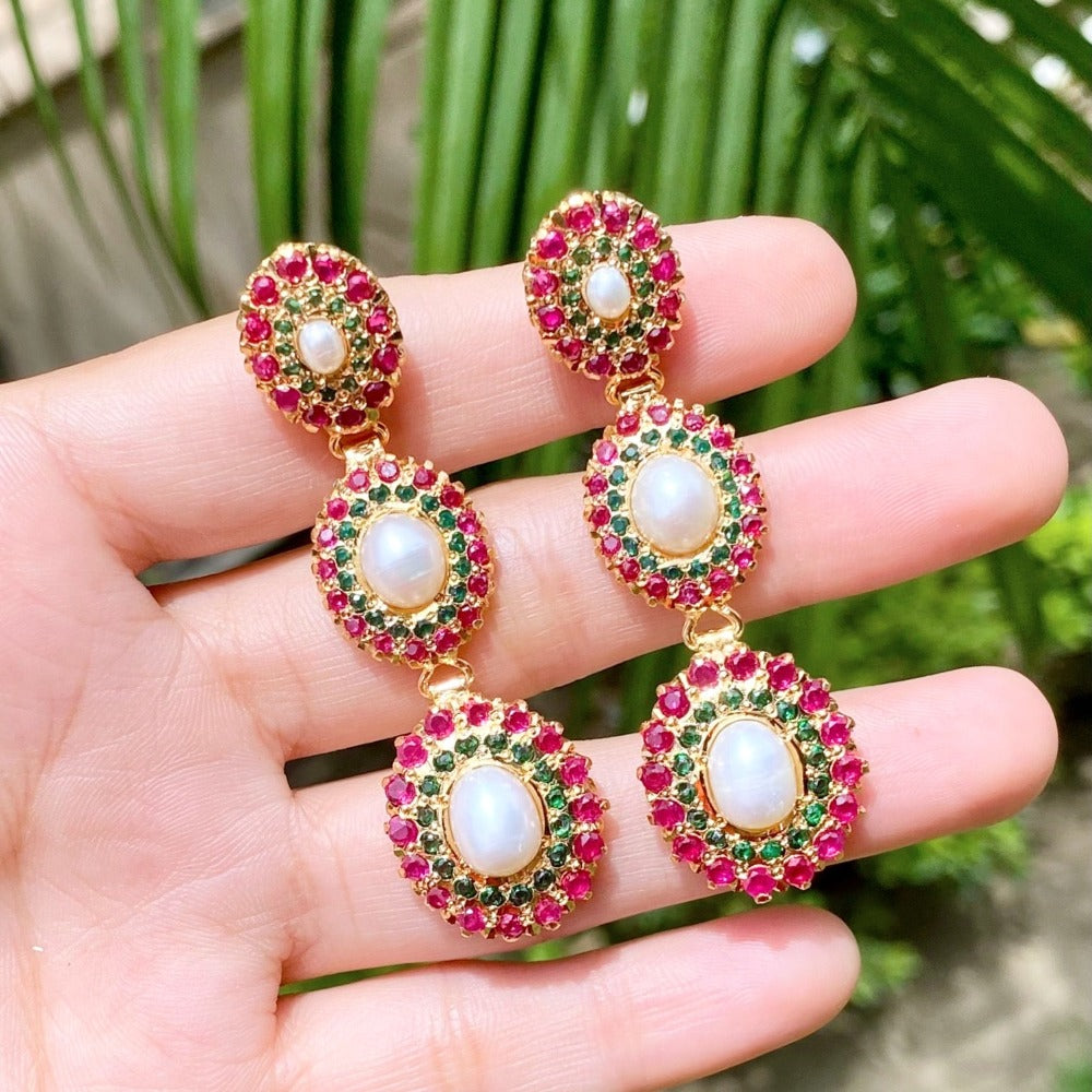 Ruby Emerald Danglers in Gold Plated Silver ER 530