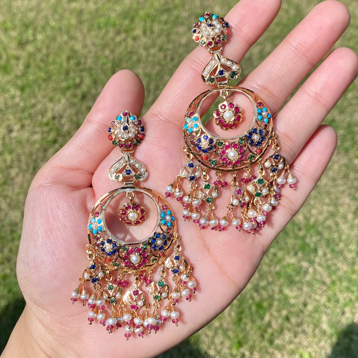 Long Navratna Jadau Chandbali Earrings | Gold Plated on 925 Silver ER 750