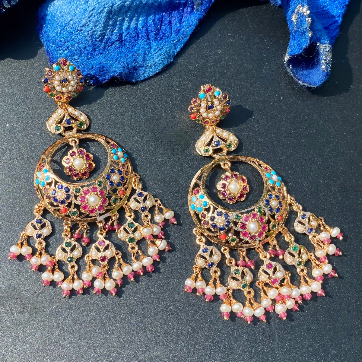 Long Navratna Jadau Chandbali Earrings | Gold Plated on 925 Silver ER 750