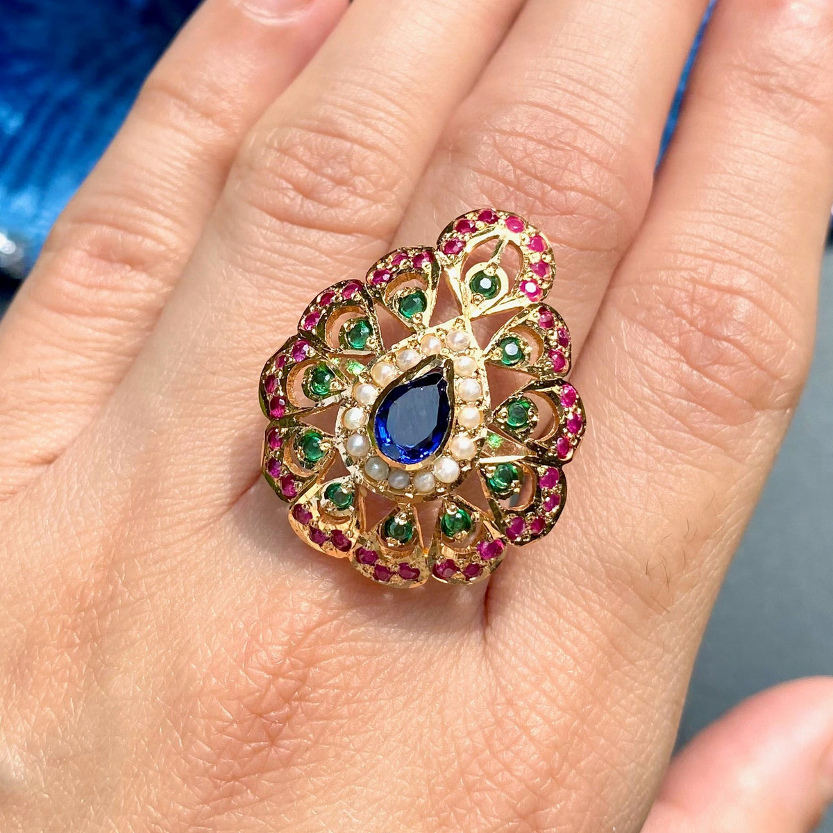 Exquisitive Multicolored Jadau Ring | 925 Silver Gold Plated LR 119