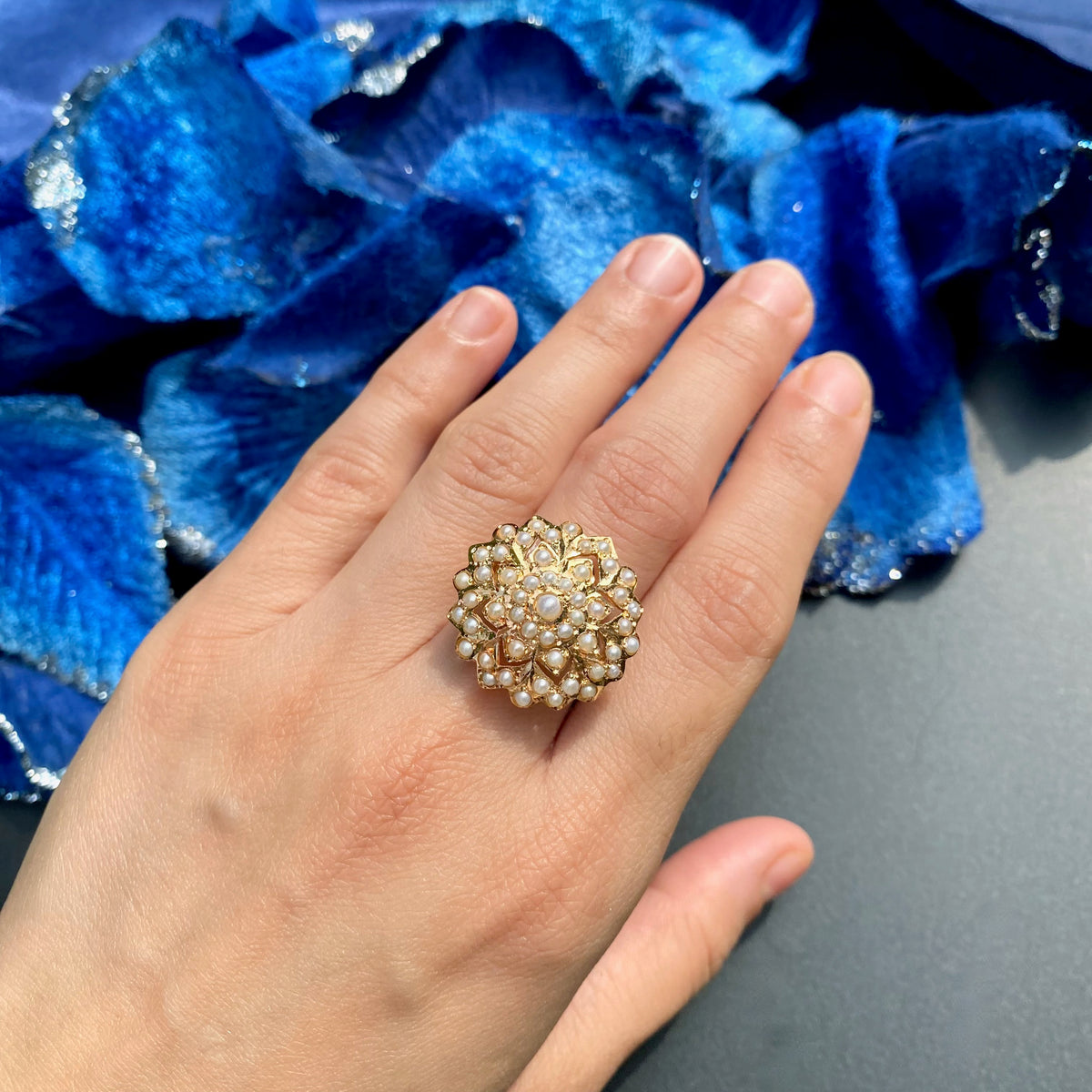 Exquisite Round Shaped Pearl Jadau Ring | 925 Silver Gold Plated LR 128