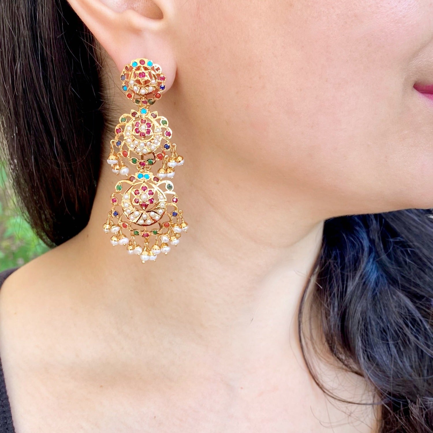 three tier earrings navratna