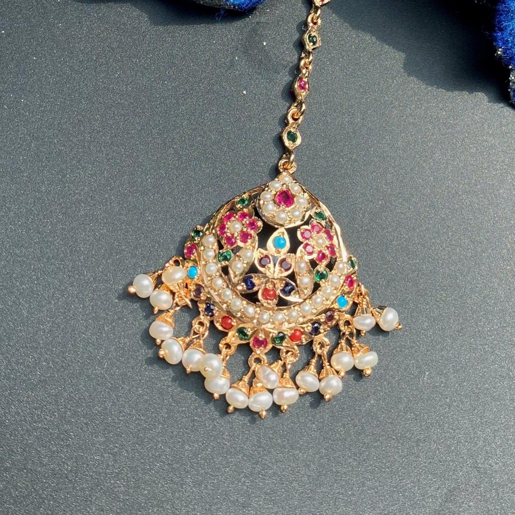 Classic Jadau Maang Teeka in Navratna Colors | 925 Silver with 22k Gold Plating TK 106