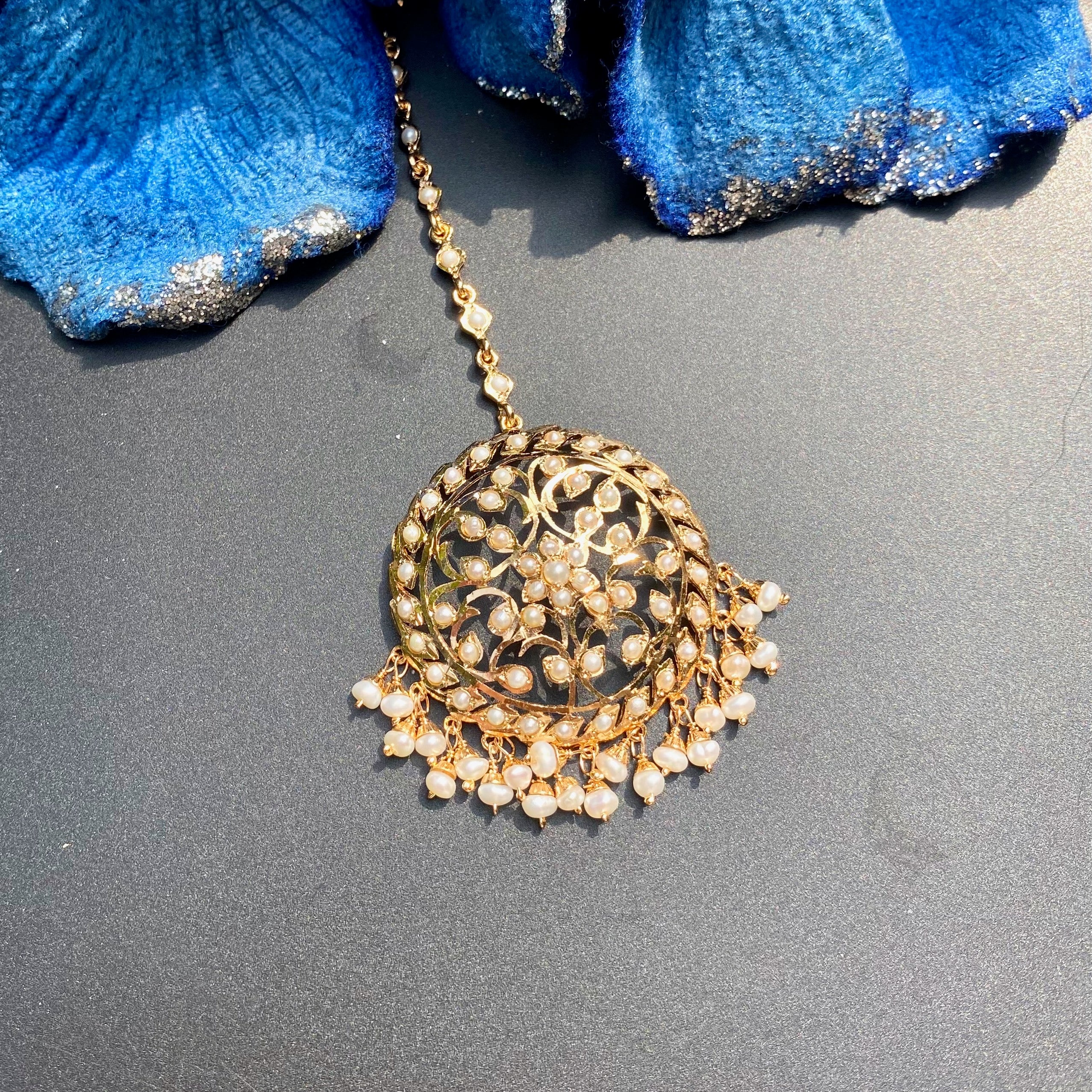 Exquisite Pearl Jadau Teeka | 925 Sterling Silver with 22k Gold Plating TK 107