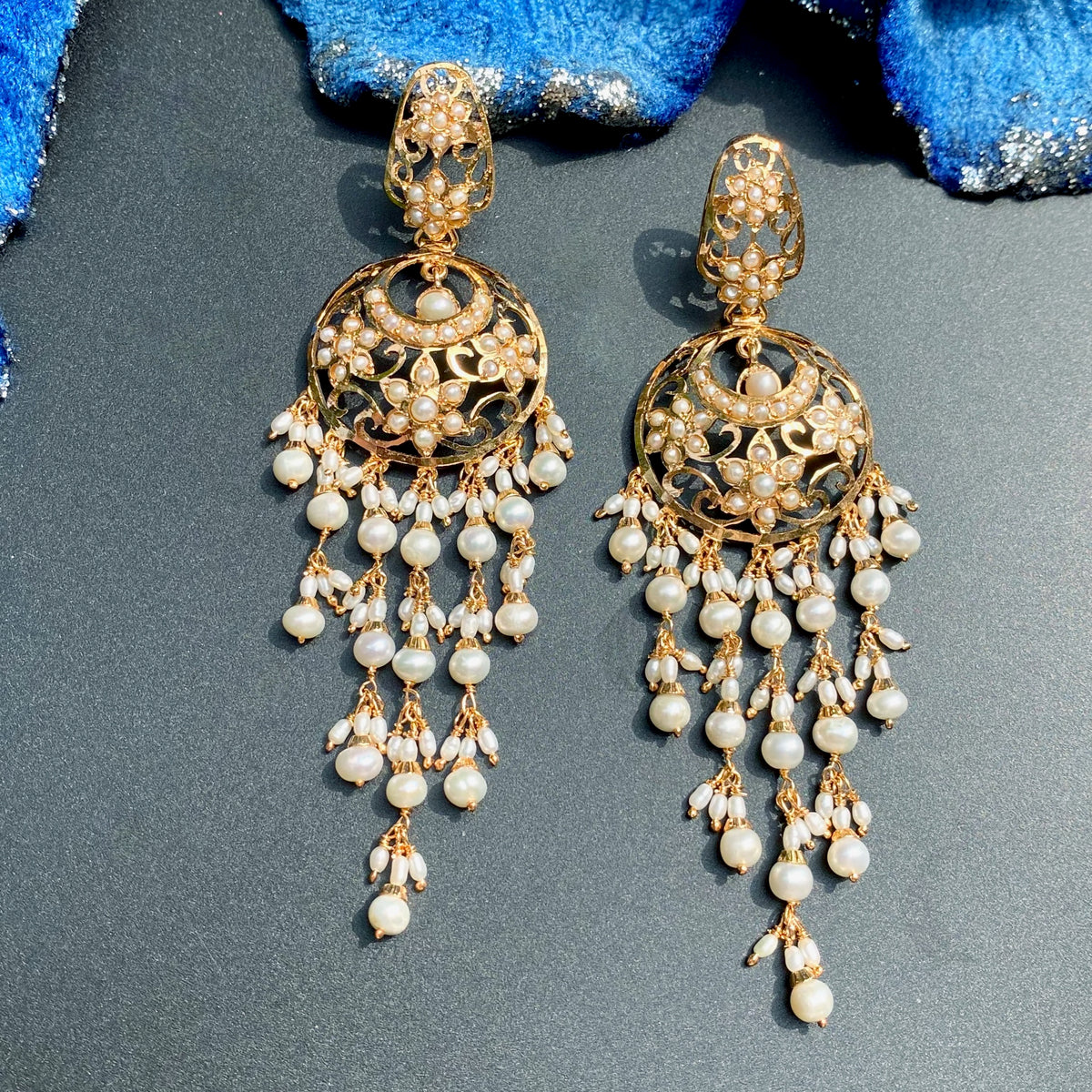 Long Pearl Jadau Chandbali Earrings | Gold Plated on 925 Silver ER 748