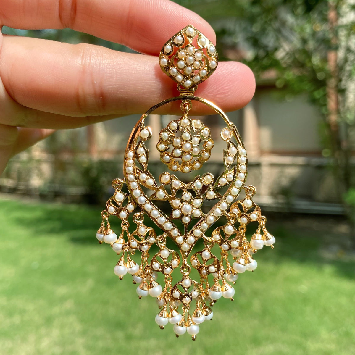 Statement Pearl Lattice Chandbali Earring | Embellished with Freshwater Pearls on Silver ER 779