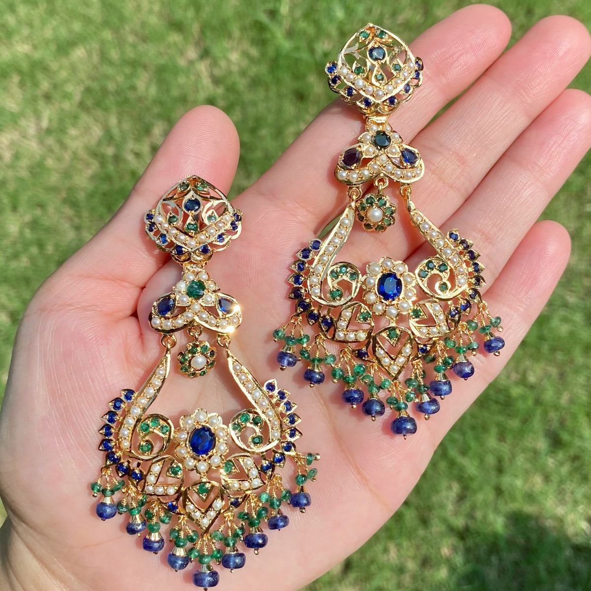 Blue Green Pearl Statement Chandbali Earrings | Gold Plated on Silver ER 769
