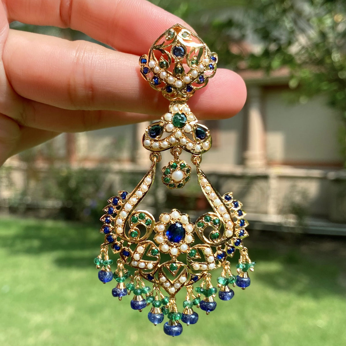 Blue Green Pearl Statement Chandbali Earrings | Gold Plated on Silver ER 769