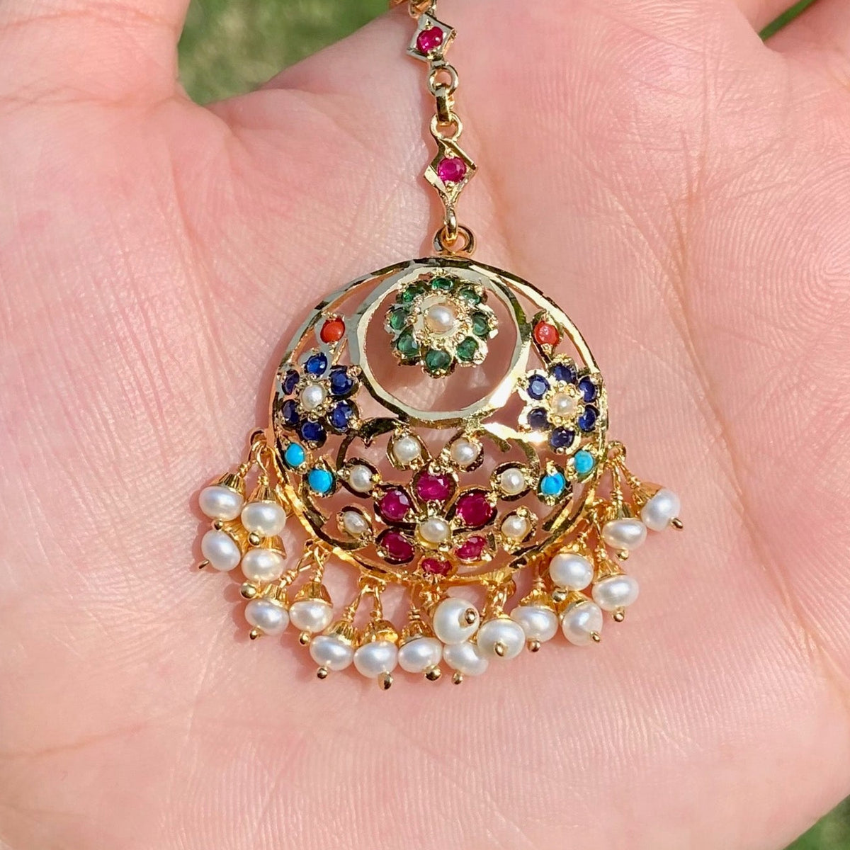 Floral Navratna Jadau Maang Teeka | Chandbali Style | 925 Silver Gold Plated TK 108