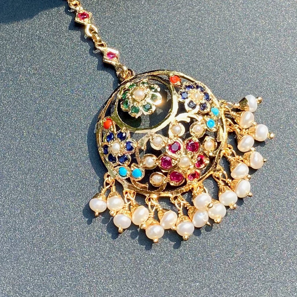 Floral Navratna Jadau Maang Teeka | Chandbali Style | 925 Silver Gold Plated TK 108