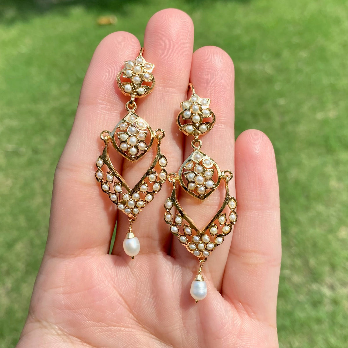 Pearl Floral Geometric Dangler Earrings ER 777