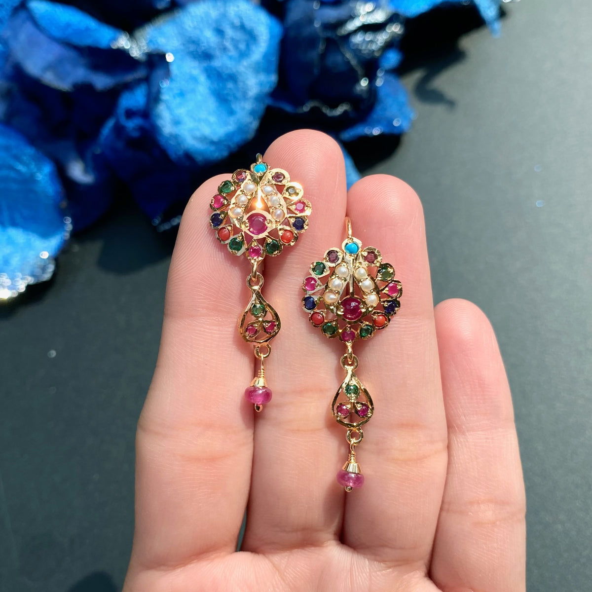 Multicolour Floral Drop Earrings | Fishhook Closure Jadau Earrings ER 785
