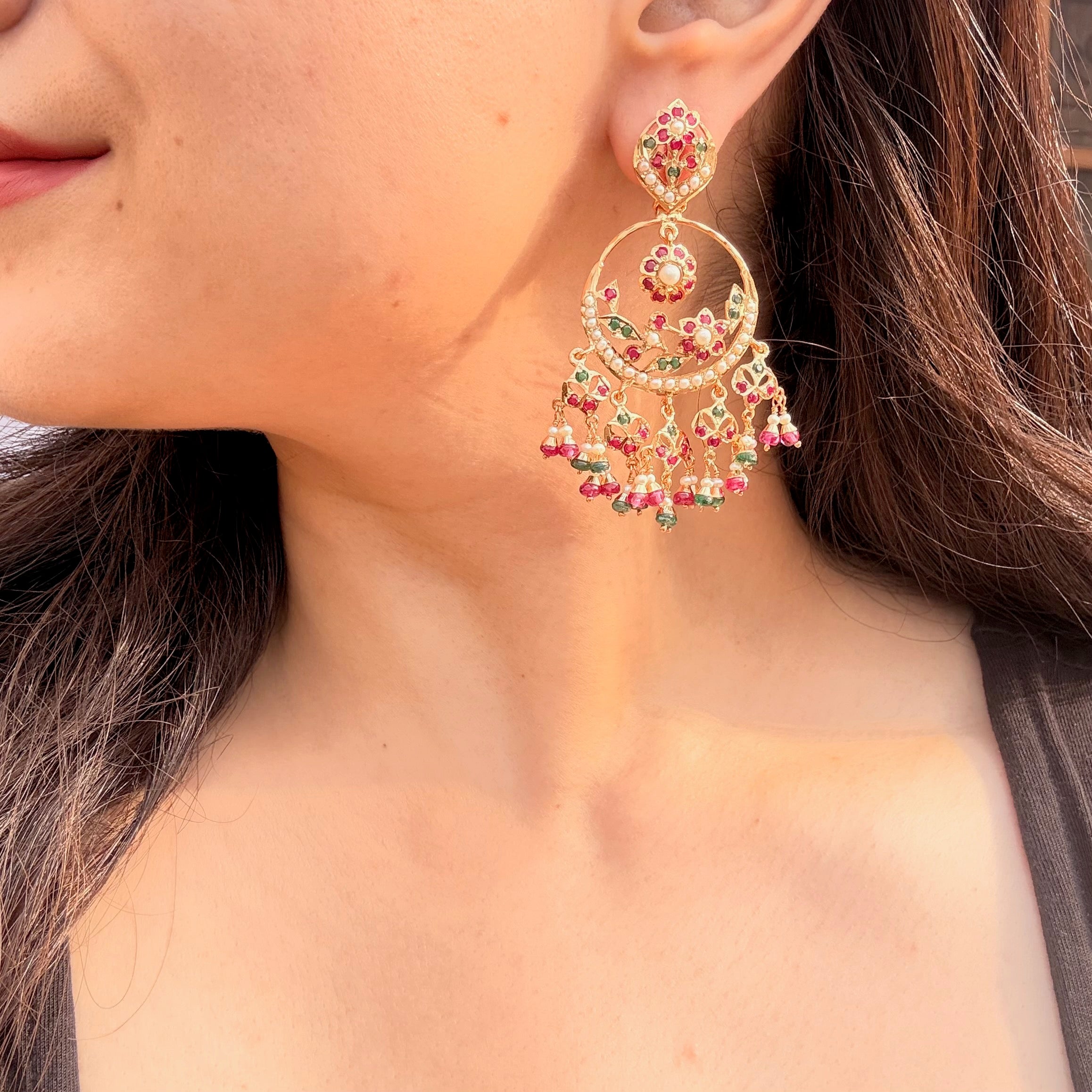 Punjabi Jadau Chandbali Earrings | Gold Plated on 925 Silver ER 743