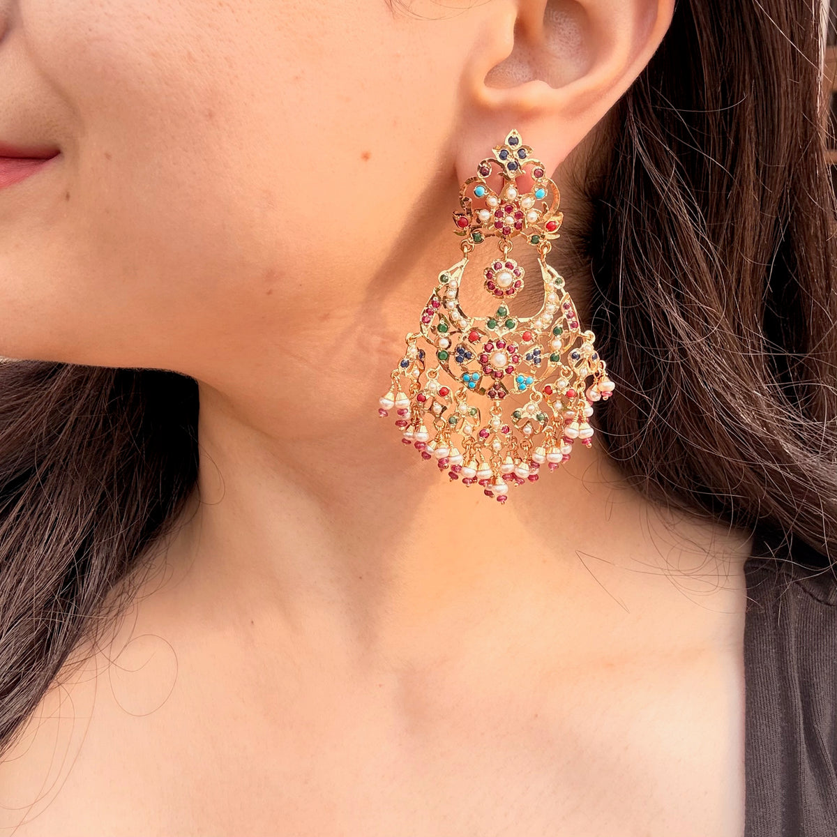 Punjabi Navratna Earrings | Gold Plated on Silver ER 749
