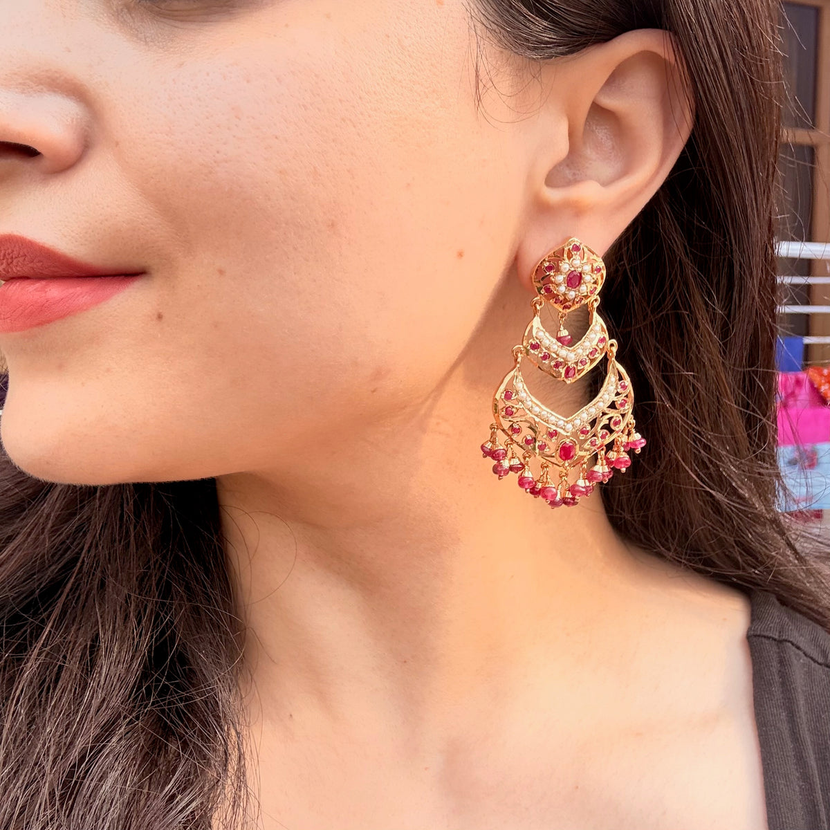 Exquisite Ruby Red Jadau Danglers | Gold Plated on 925 Silver ER 746