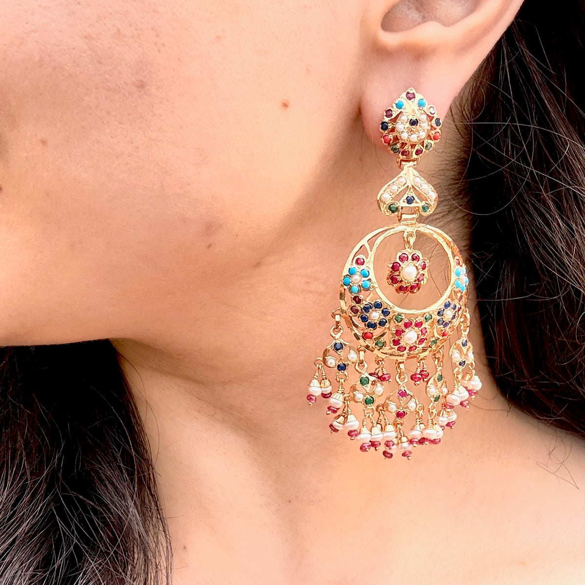 Long Navratna Jadau Chandbali Earrings | Gold Plated on 925 Silver ER 750