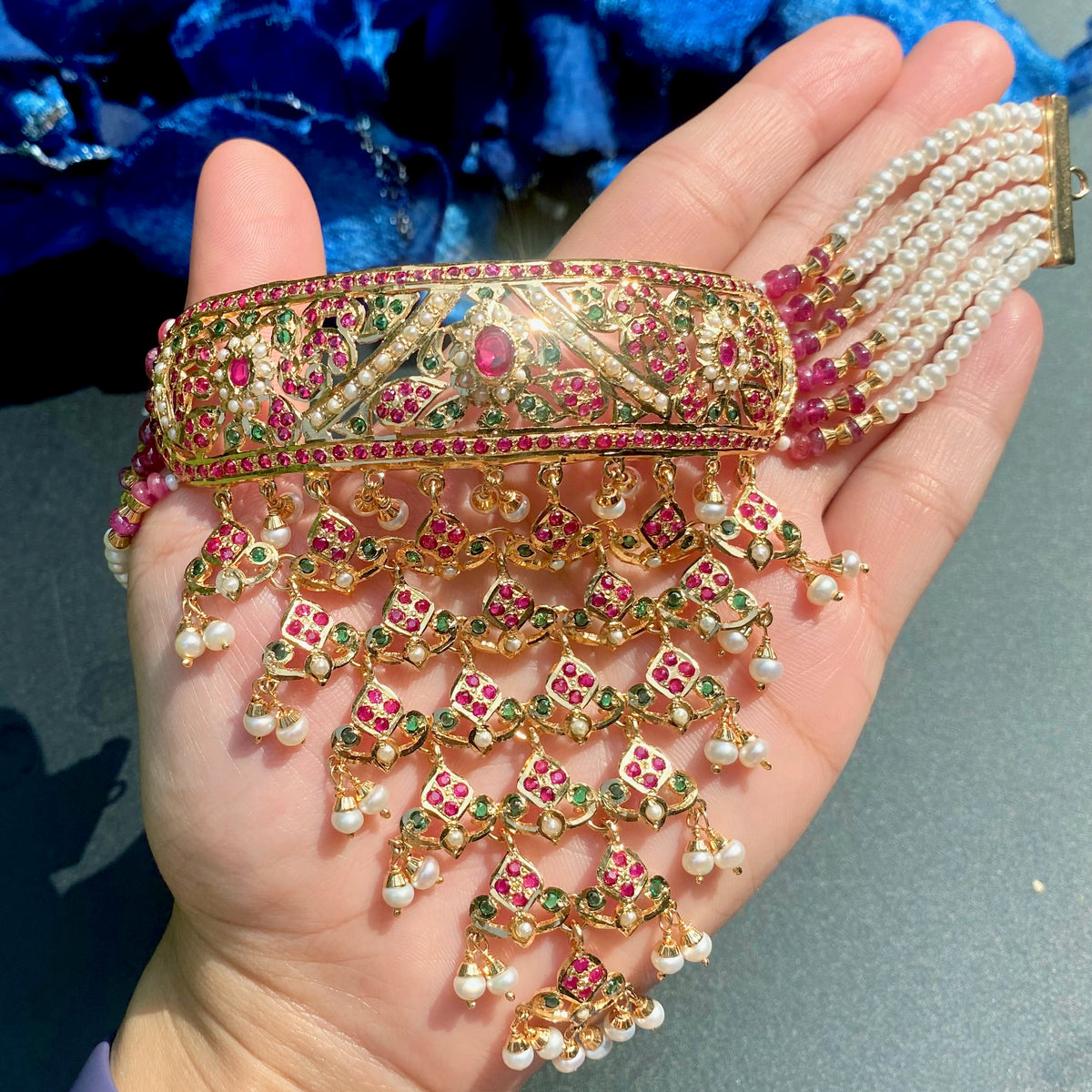 Bridal Jadau Choker Necklace with Chandbali Earrings | Gold Plated on Silver NS 485