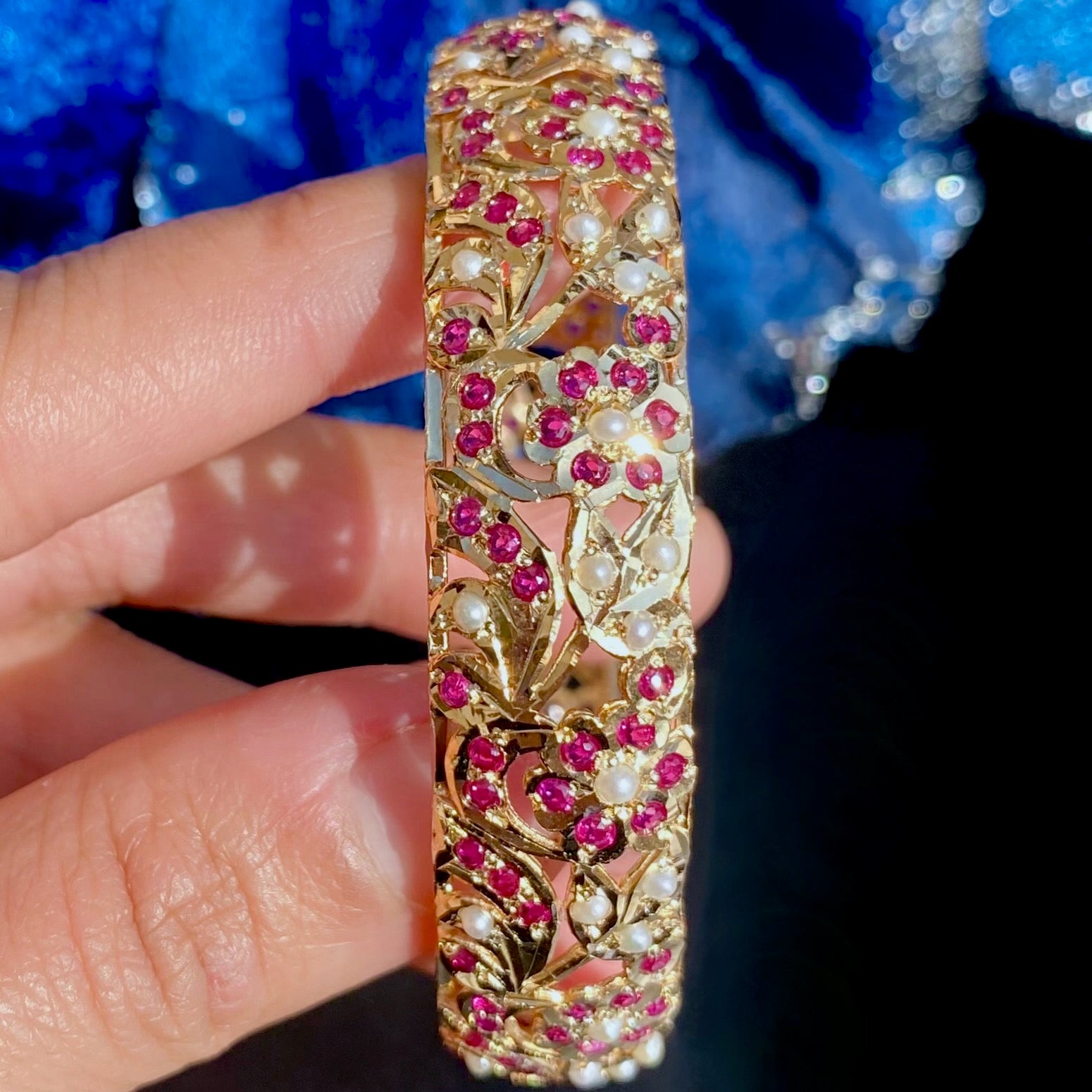 Womens Jadau Bangle | Ruby Pearl Combination | Gold Plated on Silver
