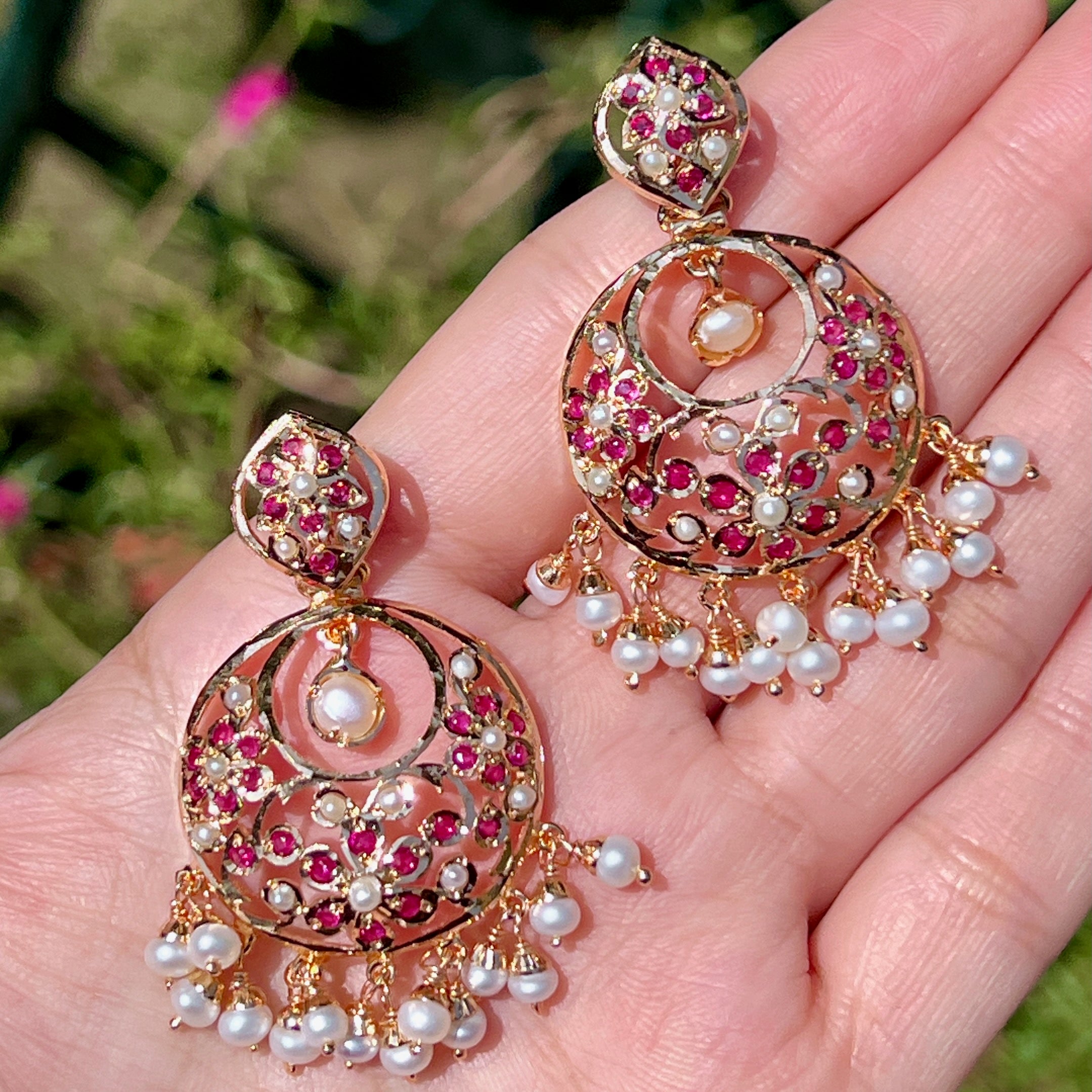 delicate ruby pearl chandbali earrings