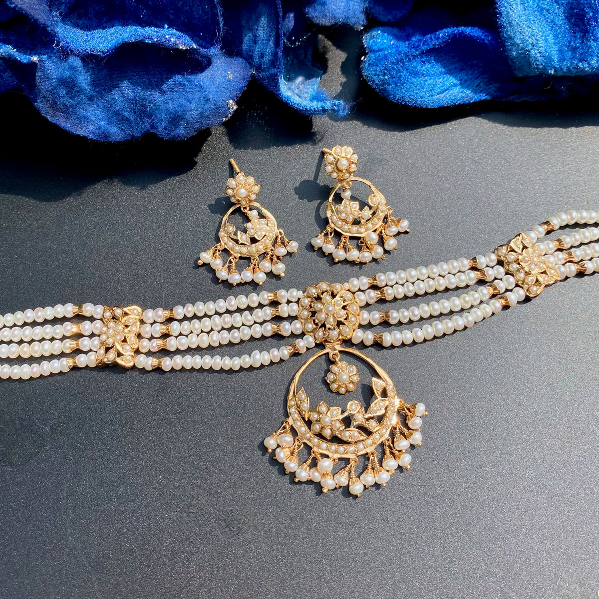 Freshwater Pearl Chandbali Choker Set in Gold-Plated 925 Silver NS 488