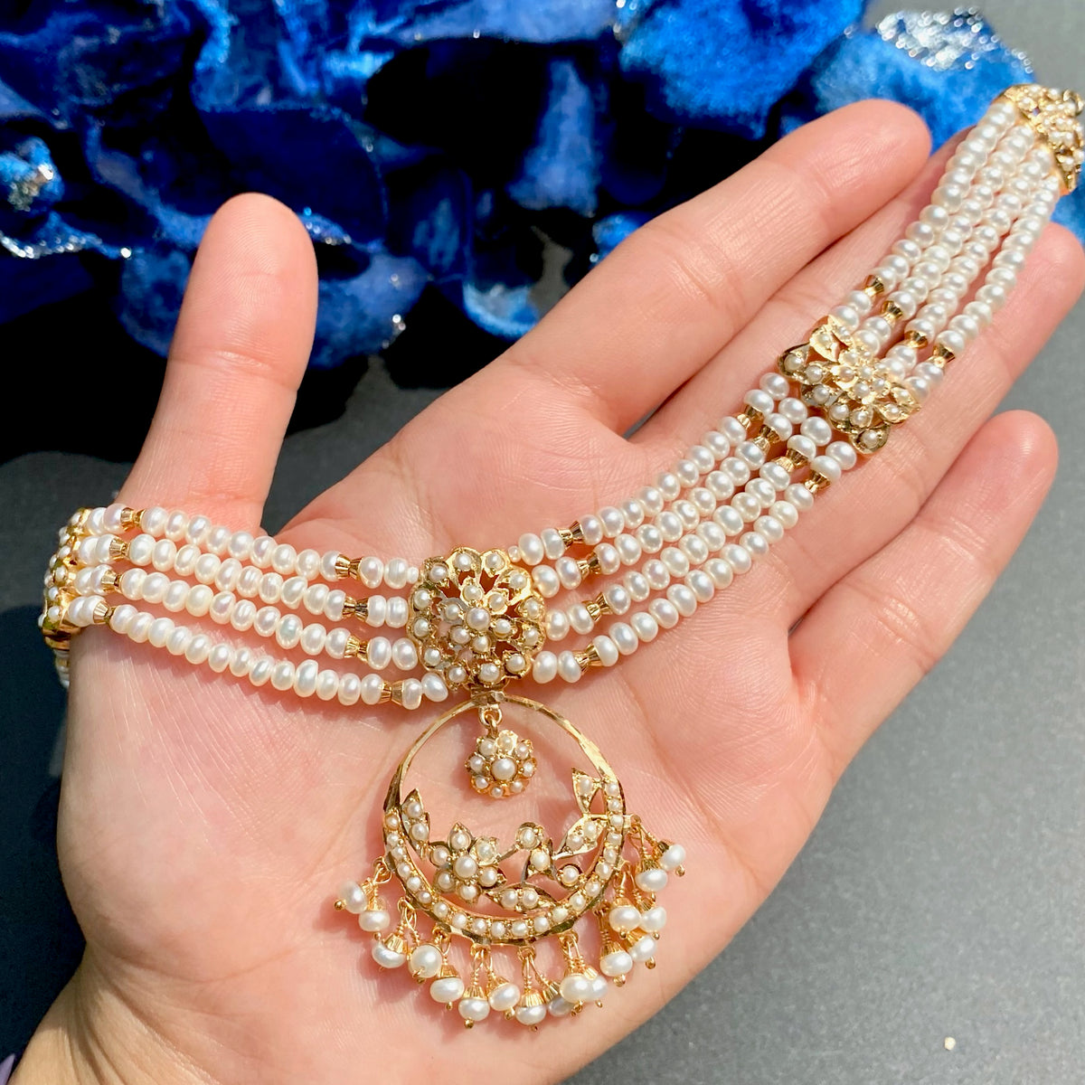 Freshwater Pearl Chandbali Choker Set in Gold-Plated 925 Silver NS 488