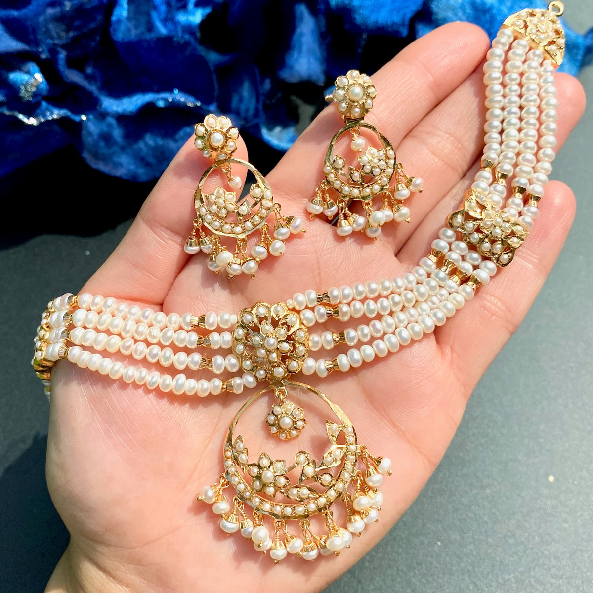 Freshwater Pearl Chandbali Choker Set in Gold-Plated 925 Silver NS 488