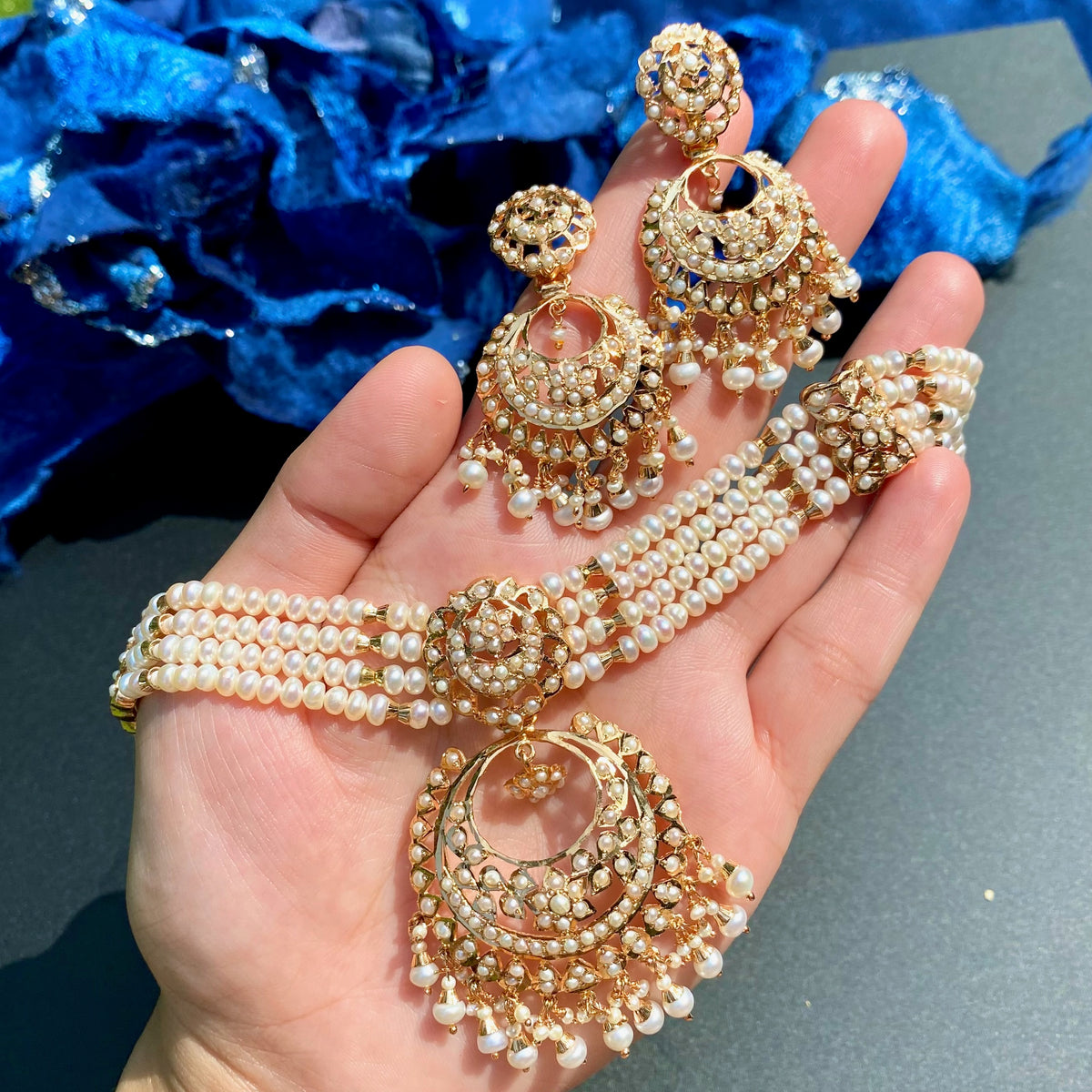Exquisite Pearl Choker paired with Chandbali Earrings | Gold Plated Silver NS 489