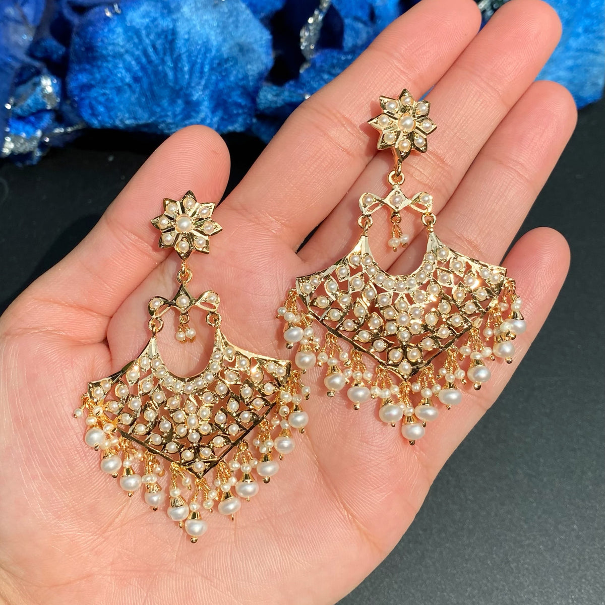 Pearl Jadau Chandbali Earrings in Gold-Plated Silver ER 791