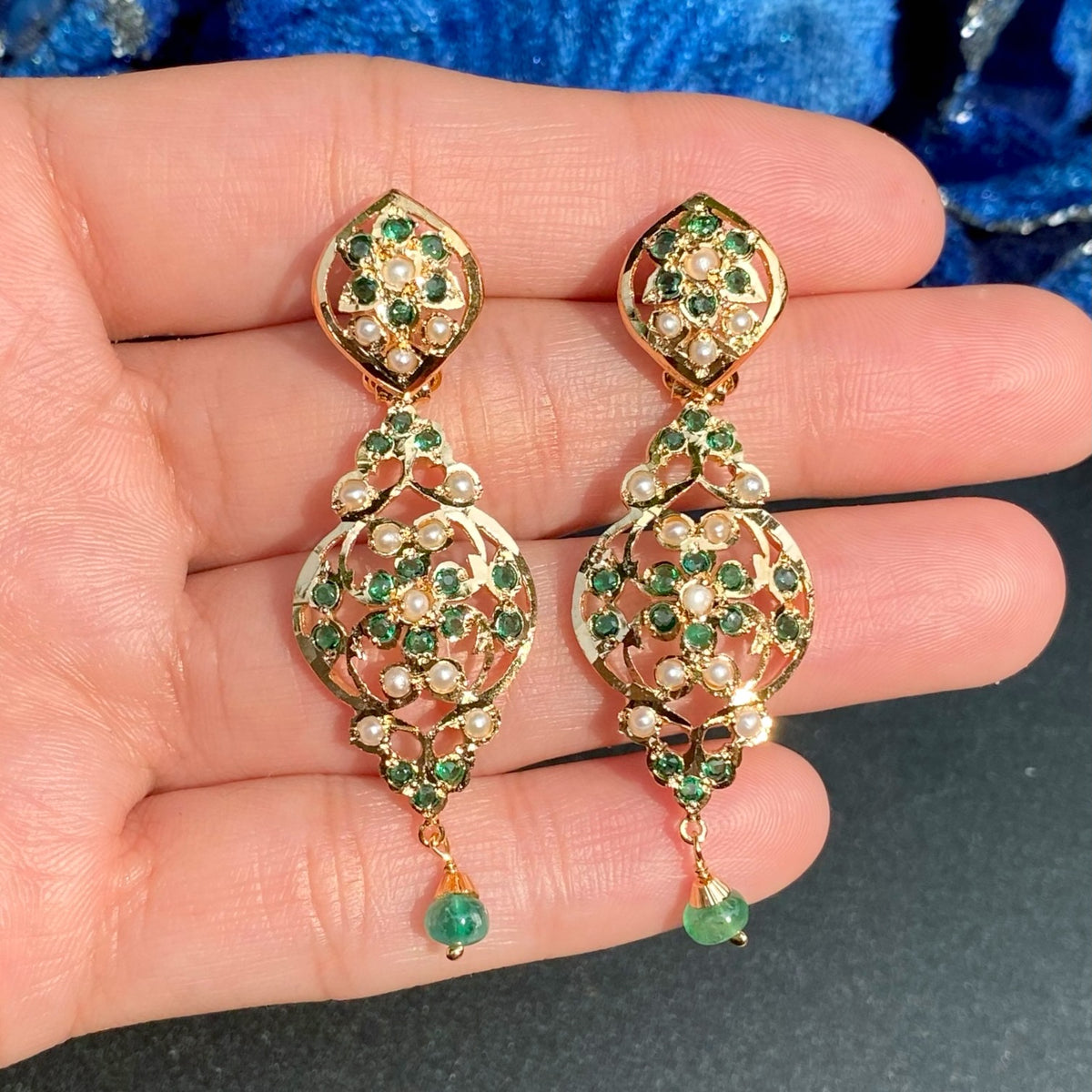 Emerald Green & Pearl Floral Statement Earrings in Gold-Plated Silver ER 788