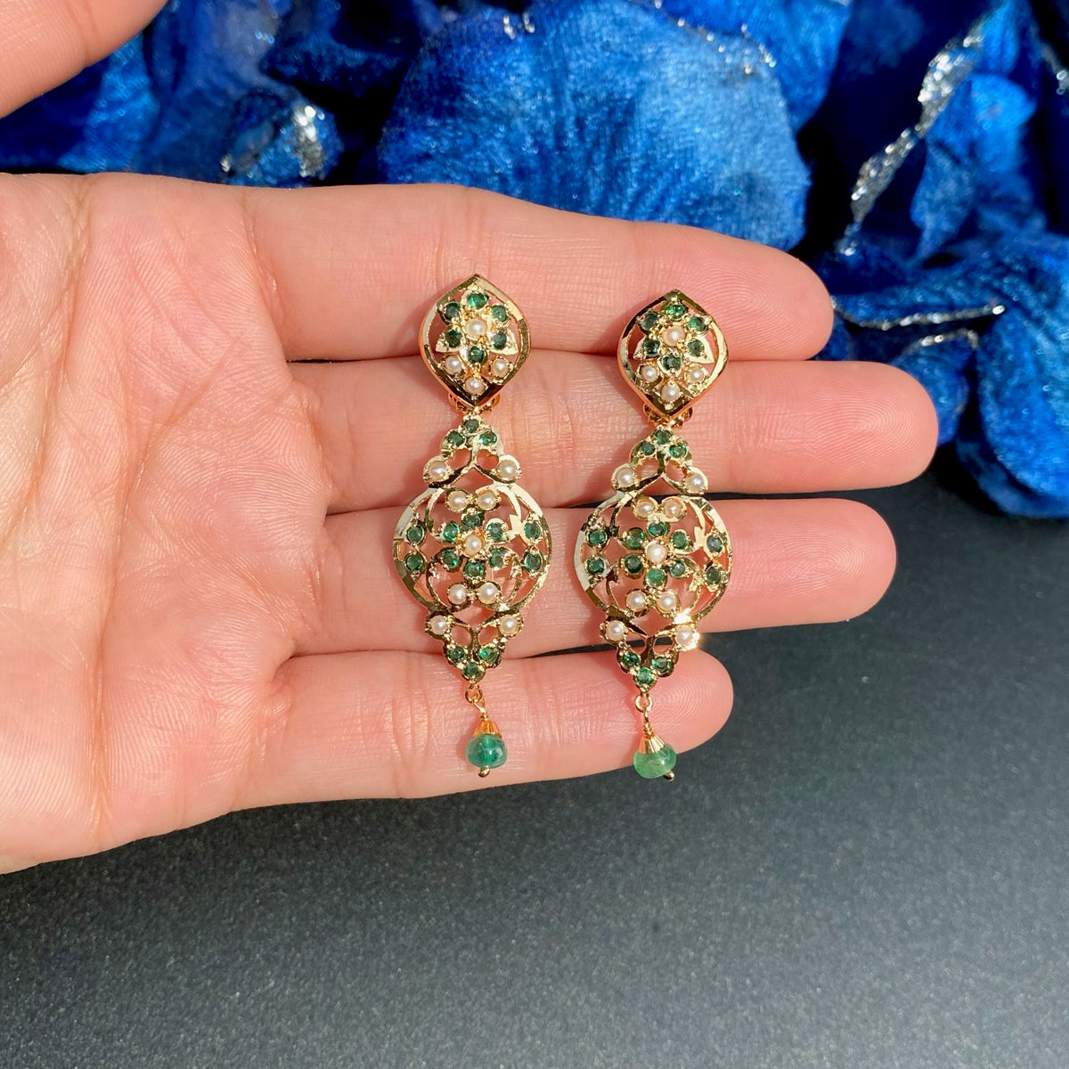 Emerald Green & Pearl Floral Statement Earrings in Gold-Plated Silver ER 788
