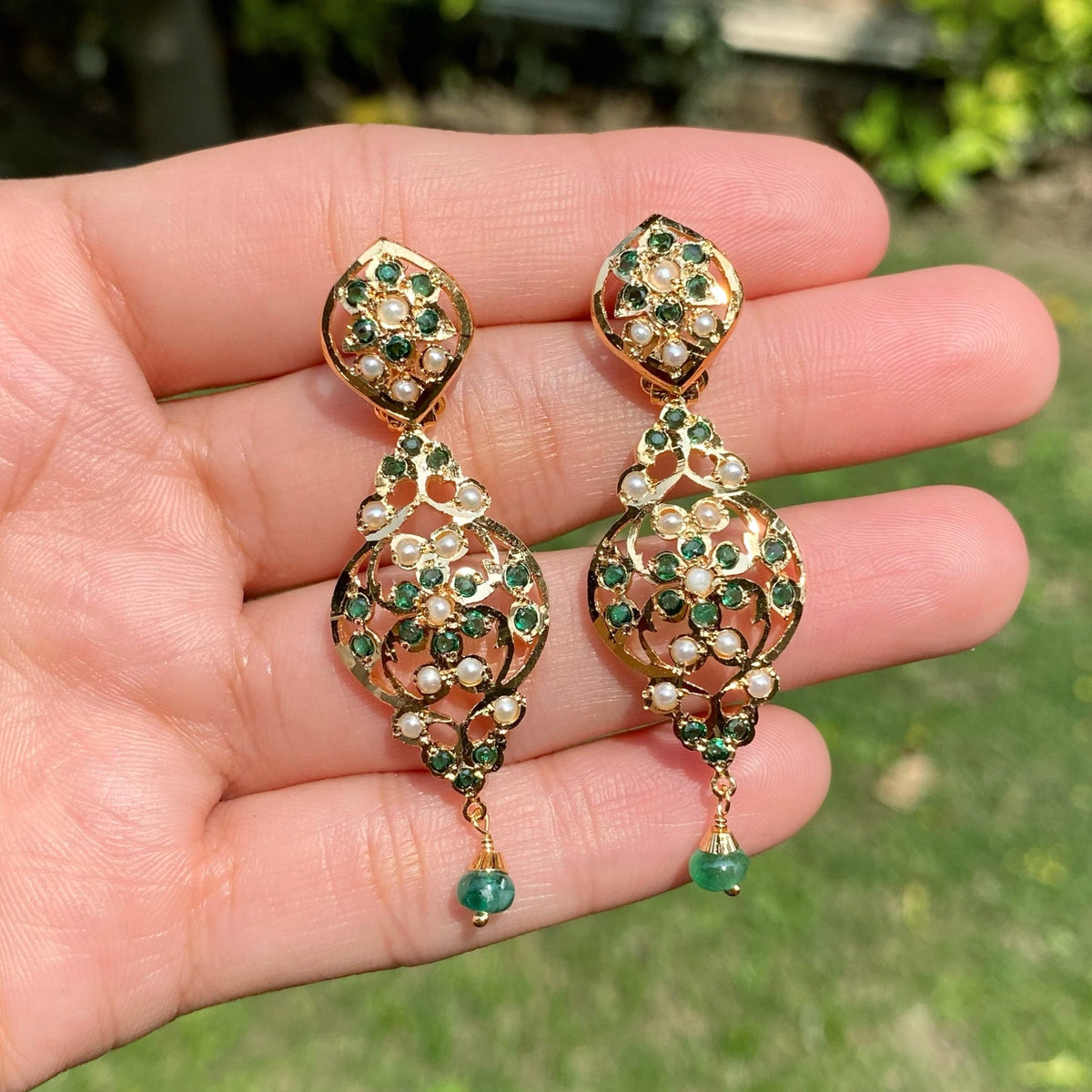 Emerald Green & Pearl Floral Statement Earrings in Gold-Plated Silver ER 788