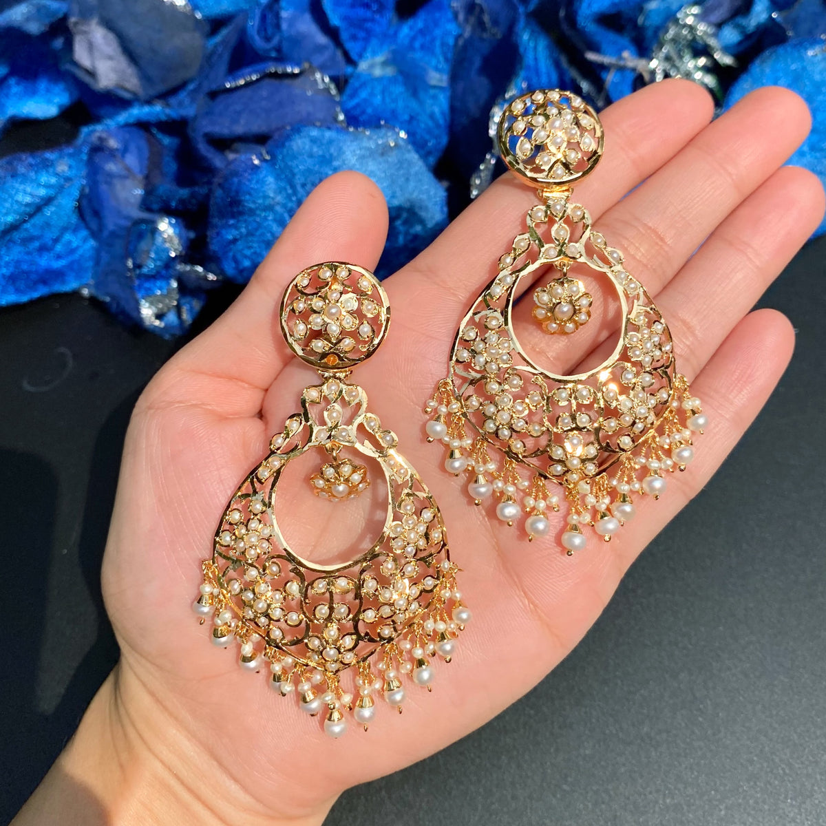 Fine Pearl Chandbali Earrings on Gold Plated Silver ER 793