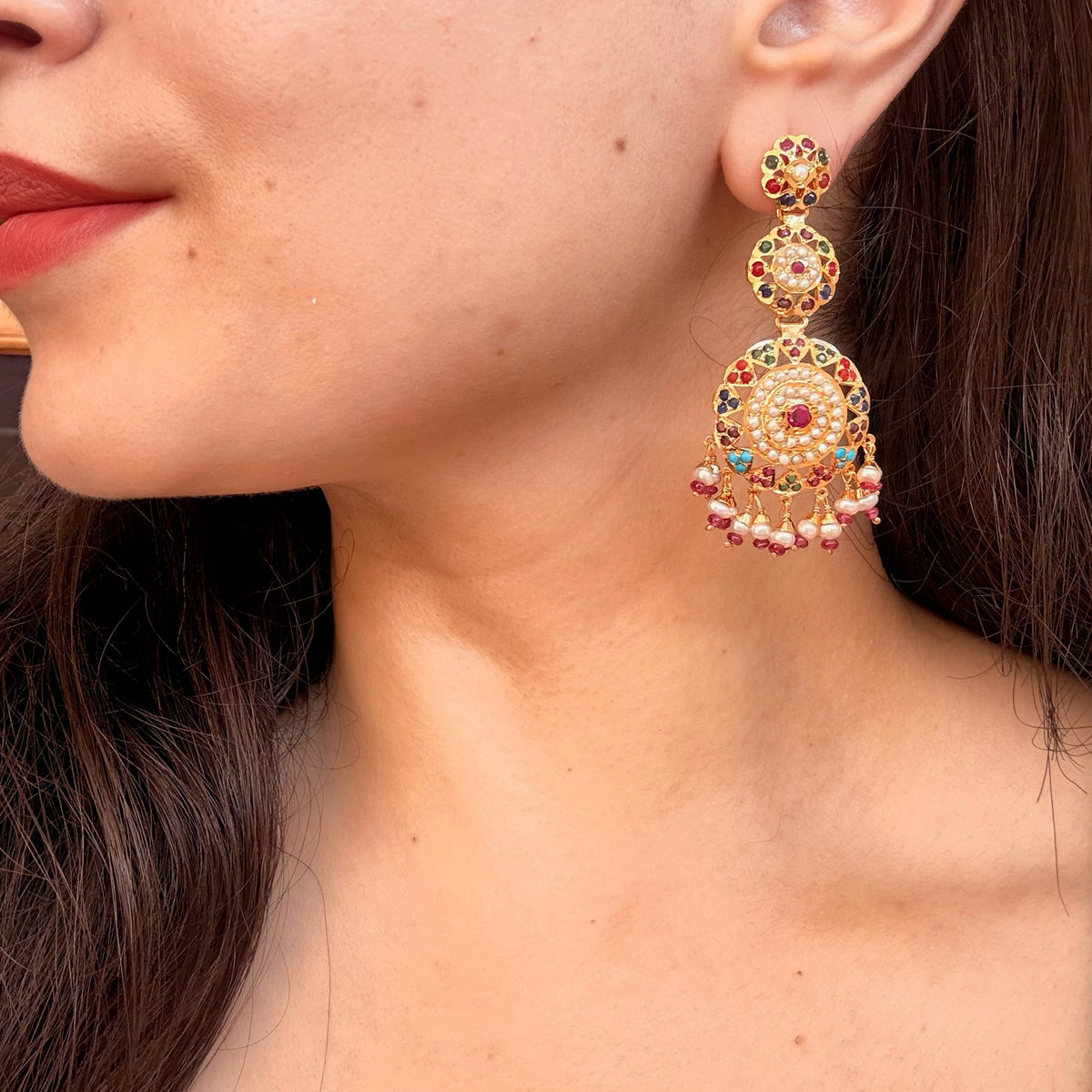 Multicoloured Jadau Danglers | Punjabi Jewery on 925 Silver with Gold Plating ER 775