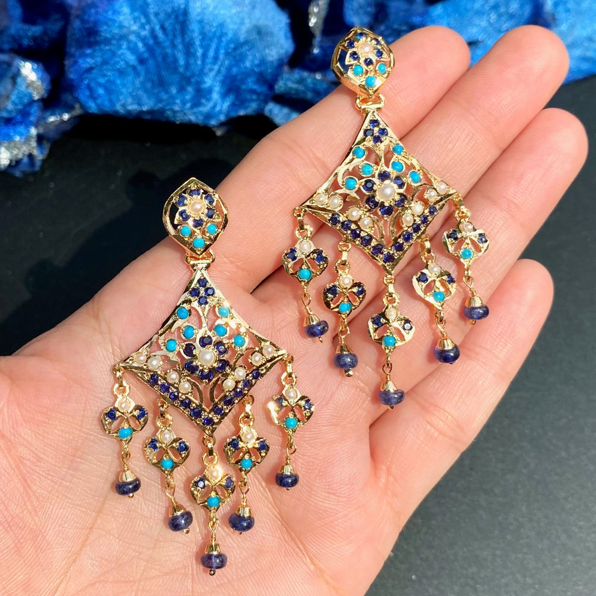 Turquoise, Sapphire Blue & Pearl Statement Earrings in Gold-Plated Silver ER 789